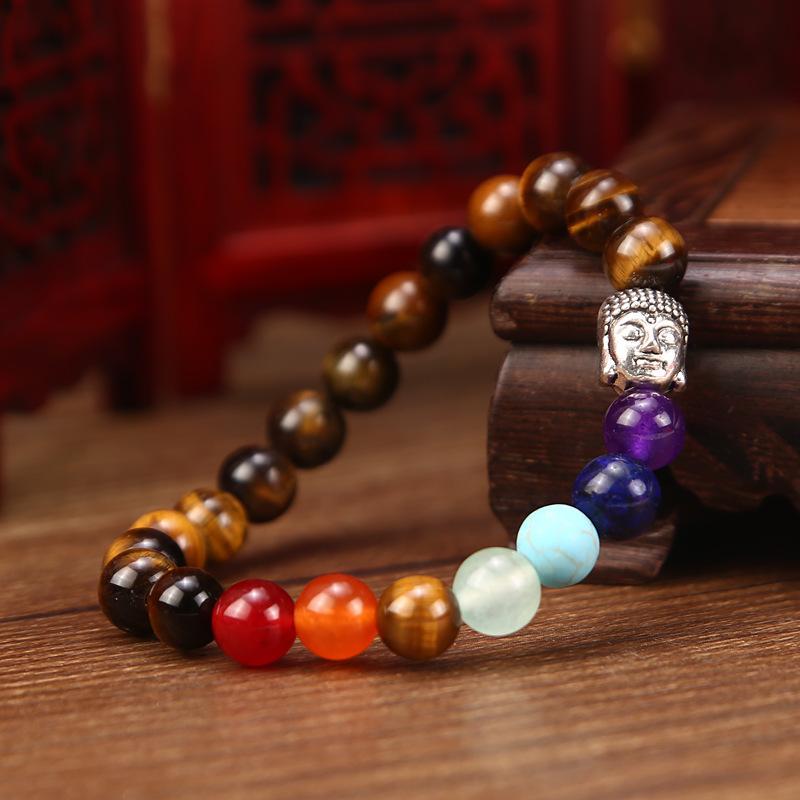 8mm Tiger Eye Stone Buddha Head Yoga Bracelet showcasing its unique design and natural stone beads, perfect for meditation and chakra alignment.