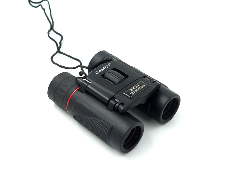 A pair of 8x21 compact binoculars with a neck strap and protective case, ideal for outdoor sports and activities.