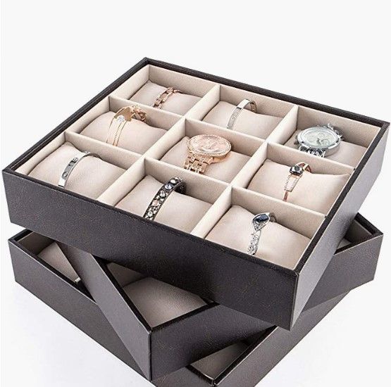 Set of 3 stackable 9 Bracelet Storage Trays made of synthetic leather, featuring 27 soft pillows for displaying and protecting bracelets.