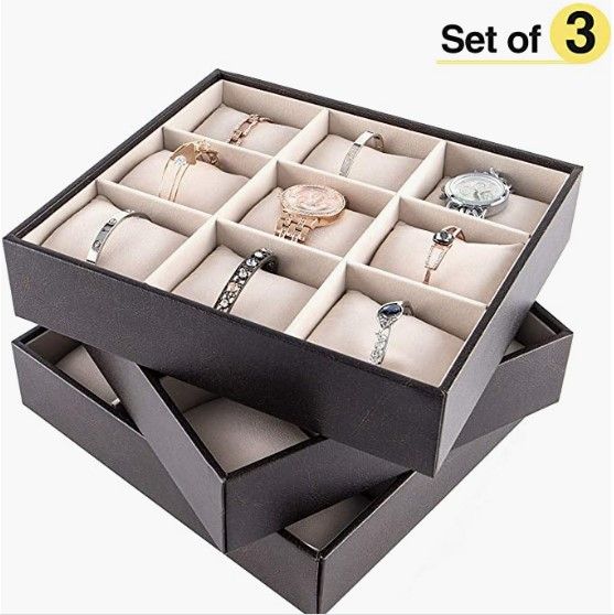 Set of 3 stackable 9 Bracelet Storage Trays made of synthetic leather, featuring 27 soft pillows for displaying and protecting bracelets.