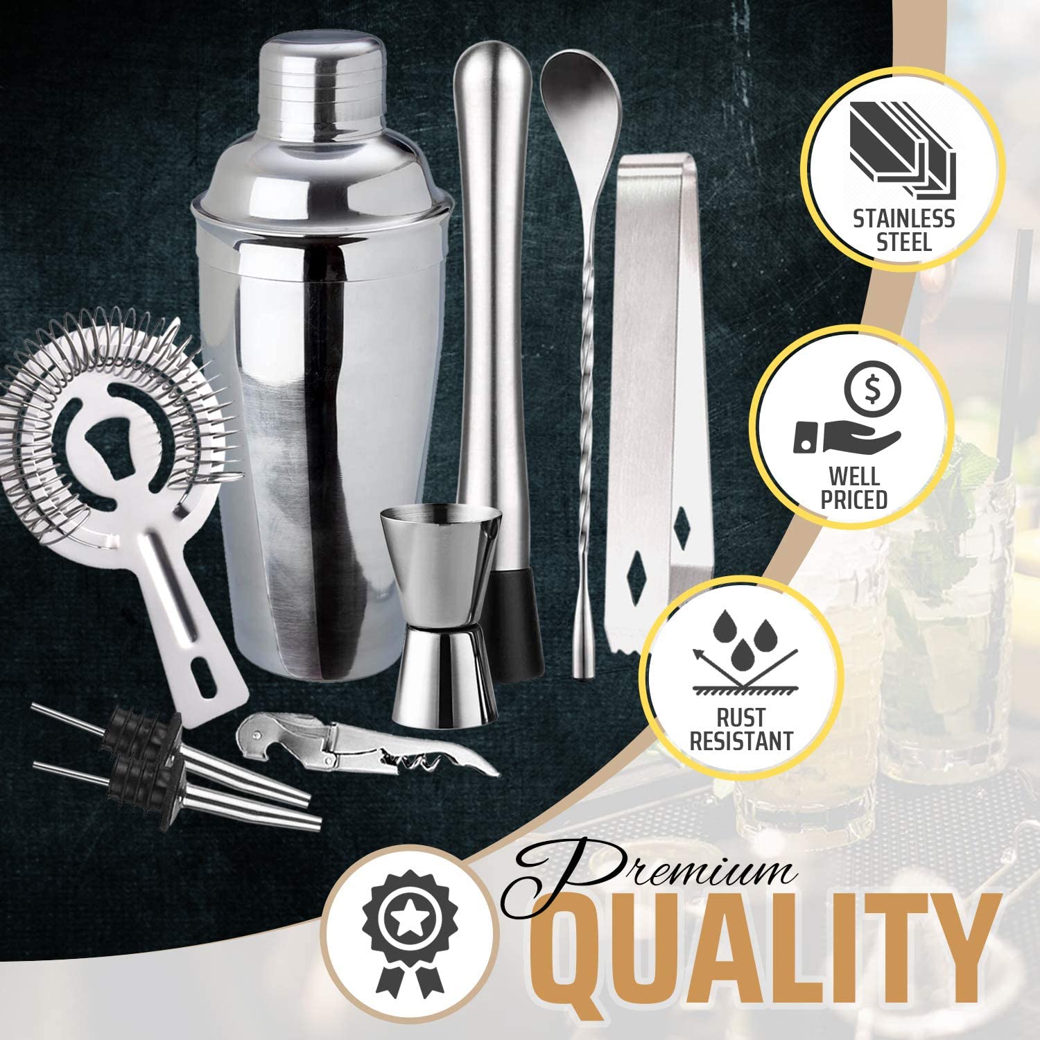 9 Pieces Drink Cocktail Barware Shaker Set featuring stainless steel tools for mixing cocktails, including shaker, jigger, and strainer.