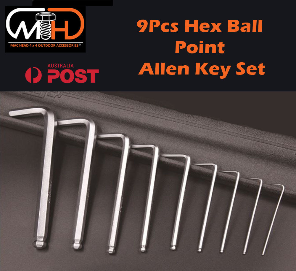 9pcs Long Arm Allen Keys Set featuring metric ball end drivers in a hinged storage case, showcasing various sizes from 1.5mm to 10mm.