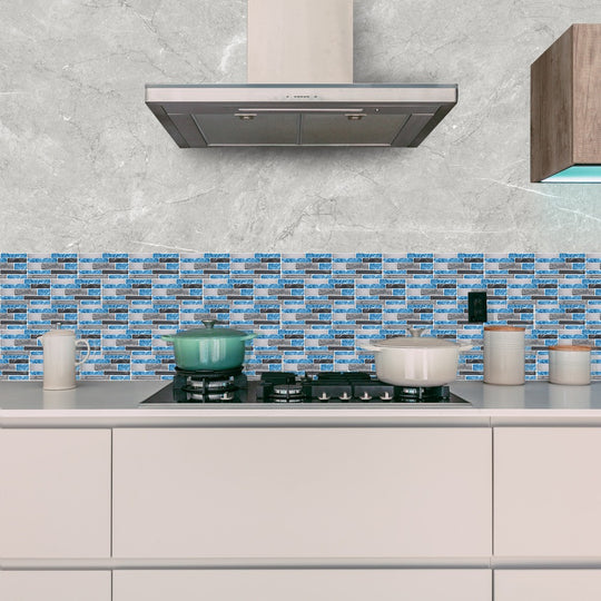 9PCS self-adhesive mosaic marble wall tiles in Raven Sky color, ideal for bathroom and kitchen decor.