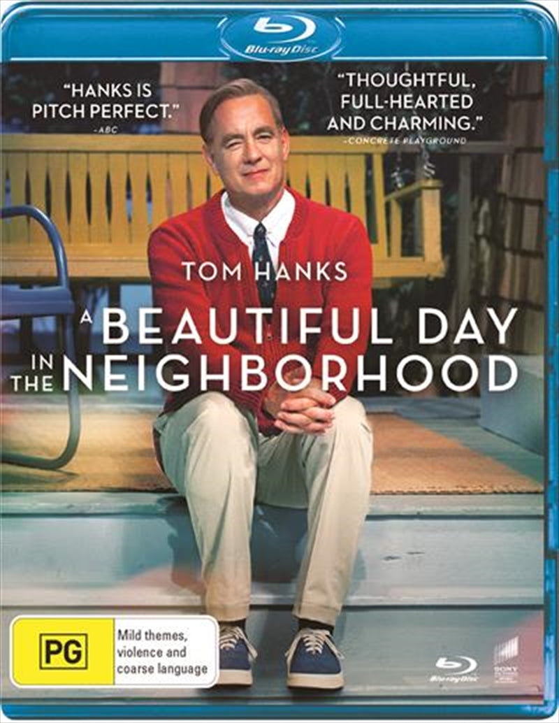 Blu-ray cover of 'A Beautiful Day In The Neighborhood' featuring Tom Hanks as Fred Rogers.