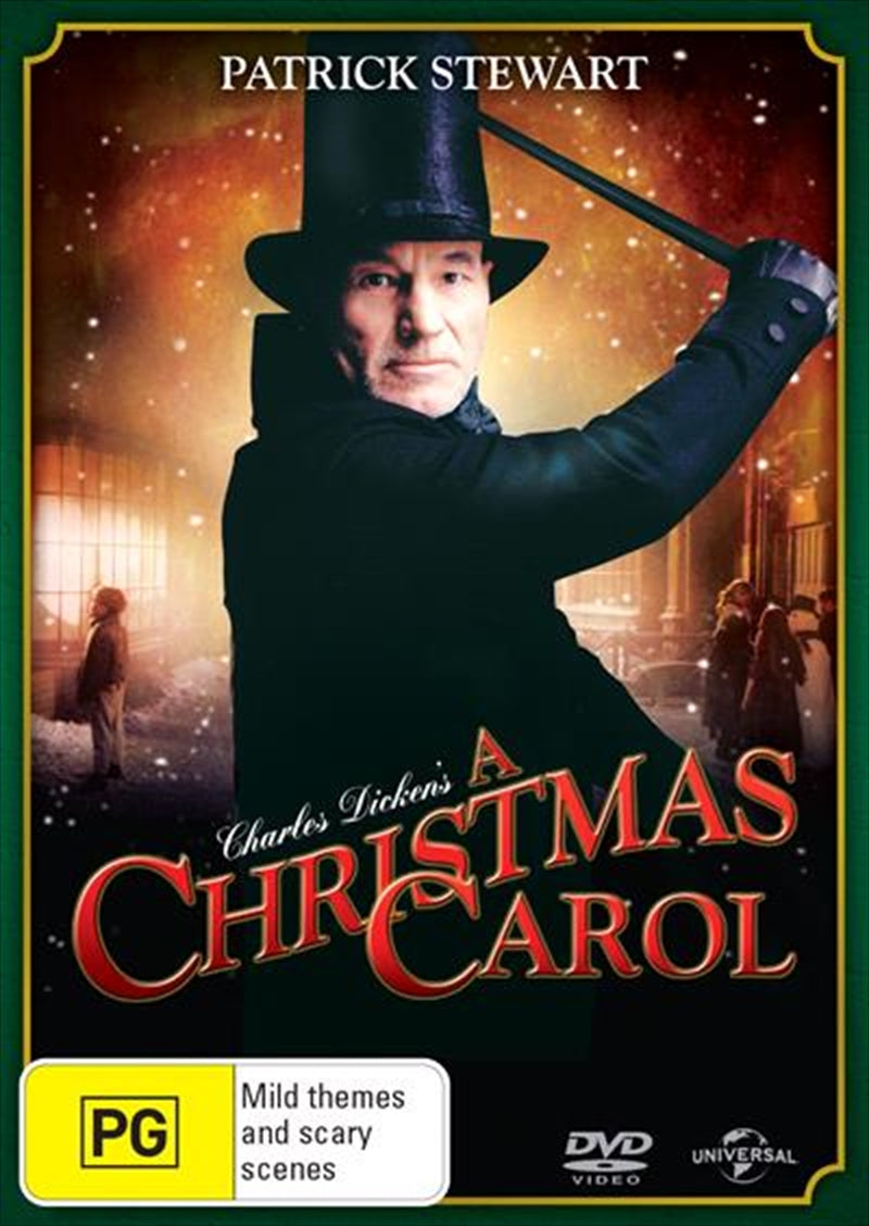 A Christmas Carol DVD cover featuring Patrick Stewart as Ebenezer Scrooge, surrounded by ghostly figures representing the spirits of Christmas.