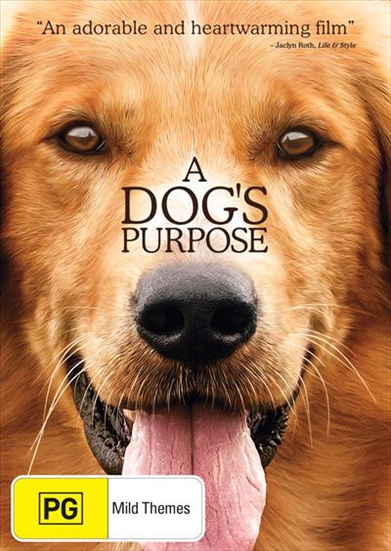 A Dog's Purpose DVD cover featuring a golden retriever and a heartwarming scene.