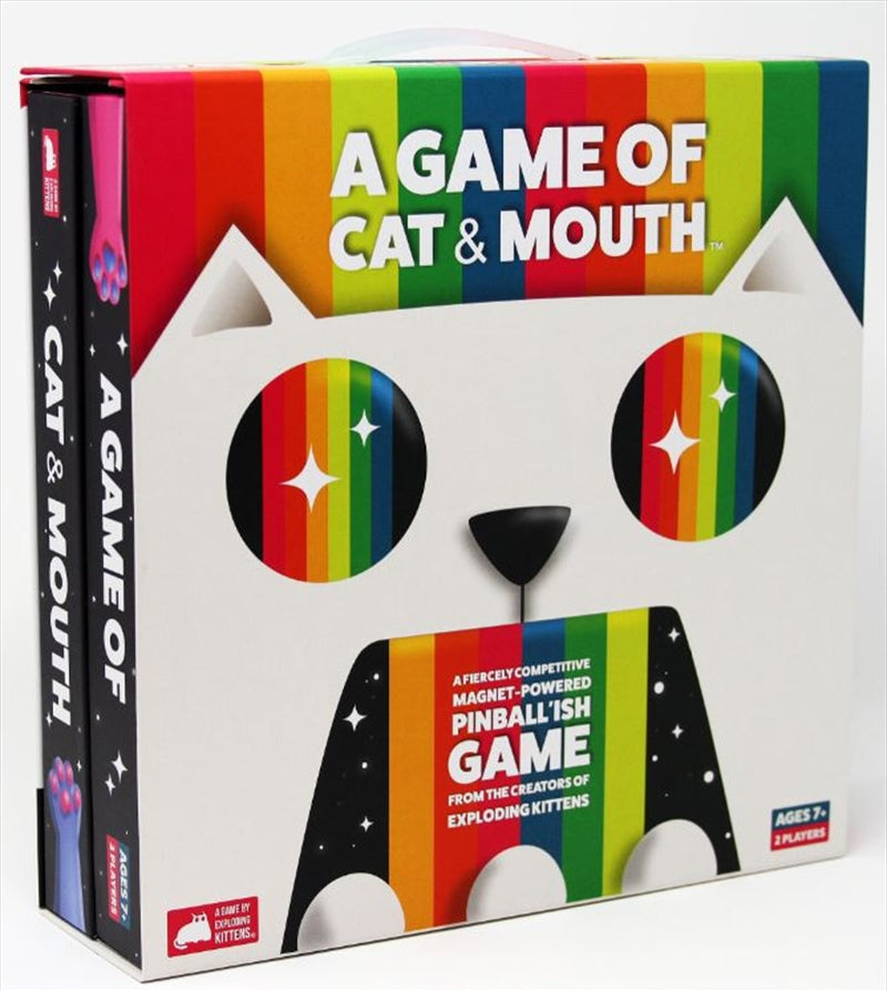 A Game Of Cat And Mouth featuring a colorful cat paw slingshot and magnet-powered gameplay elements, designed for two players.