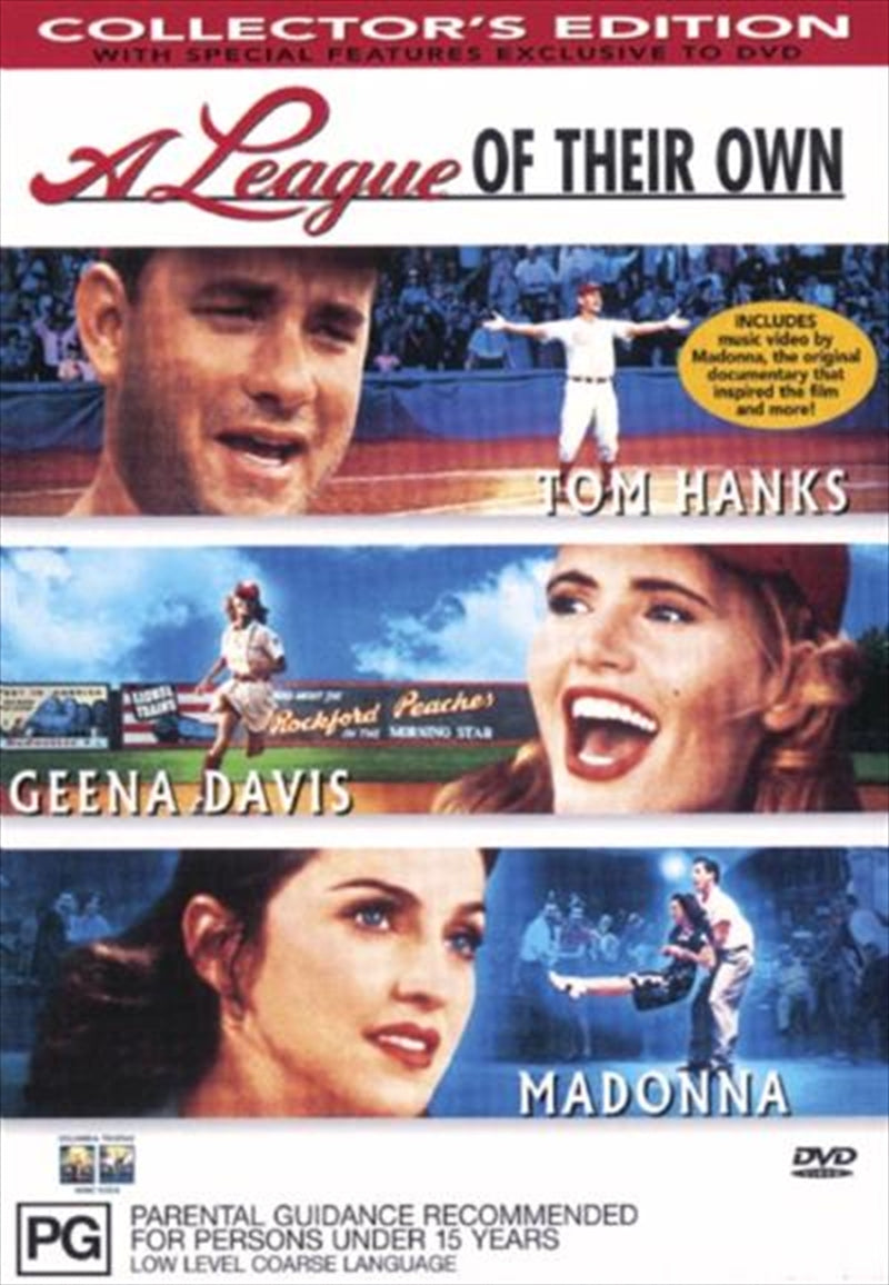 A League Of Their Own DVD cover featuring Tom Hanks, Geena Davis, and Madonna in a baseball-themed design.