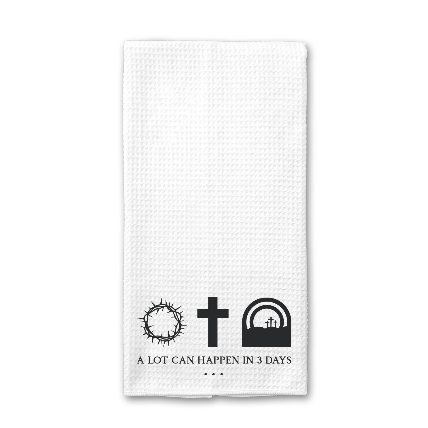 A Lot Can Happen In 3 Days Towel, 16" x 24", made of absorbent microfiber, showcasing its stylish design and functionality in a kitchen setting.