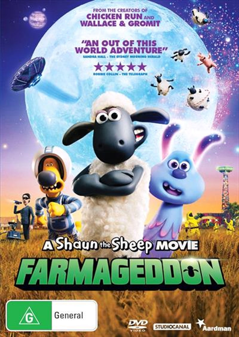 A Shaun The Sheep Movie - Farmageddon DVD cover featuring Shaun and the alien Lu-La in a colorful animated scene.