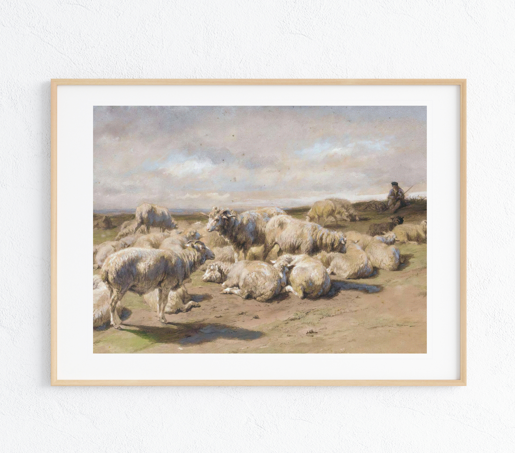 A vibrant canvas art print depicting a shepherd with his flock in a breathtaking landscape, showcasing rich colors and intricate details.