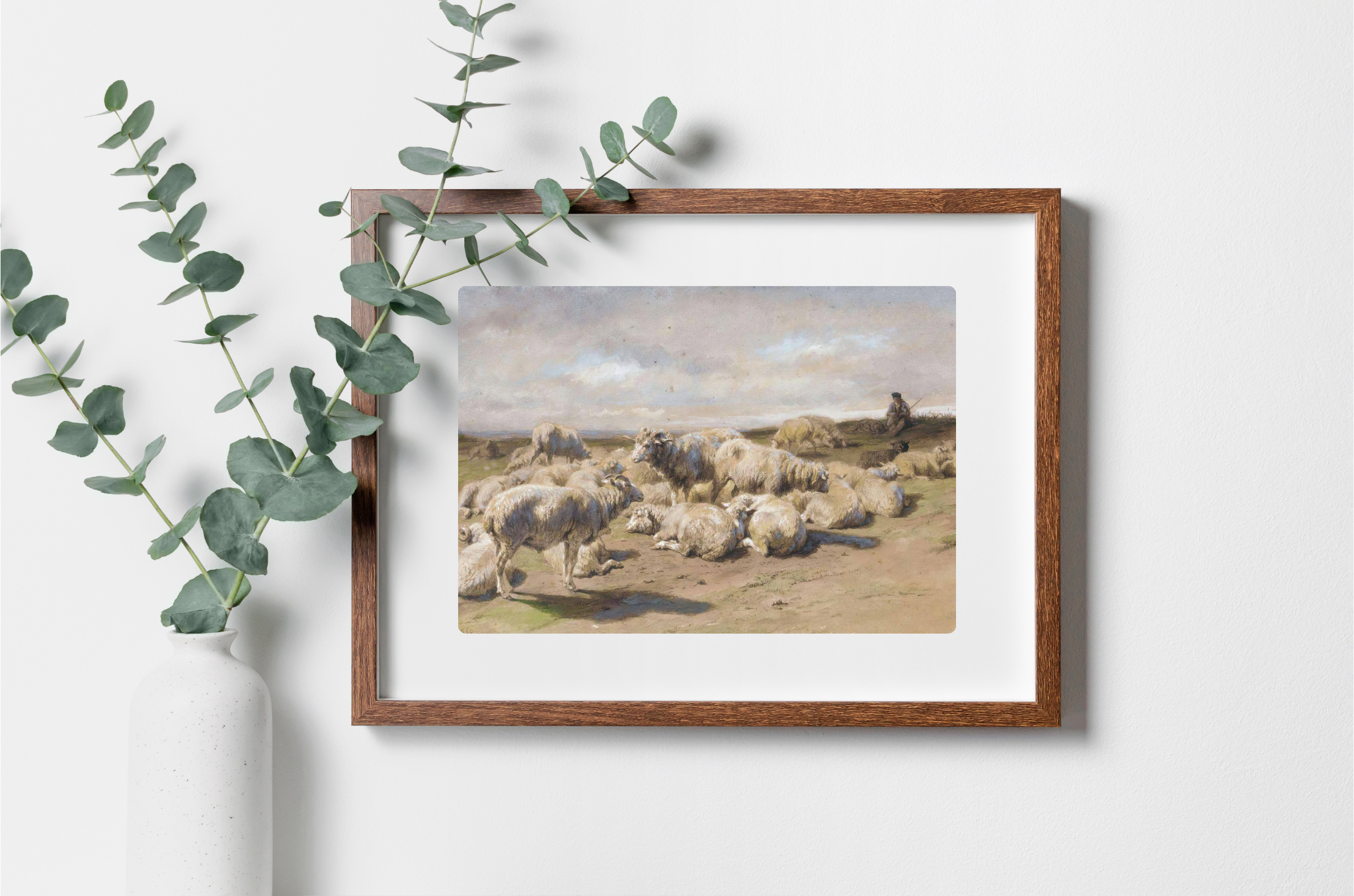 A vibrant canvas art print depicting a shepherd with his flock in a breathtaking landscape, showcasing rich colors and intricate details.