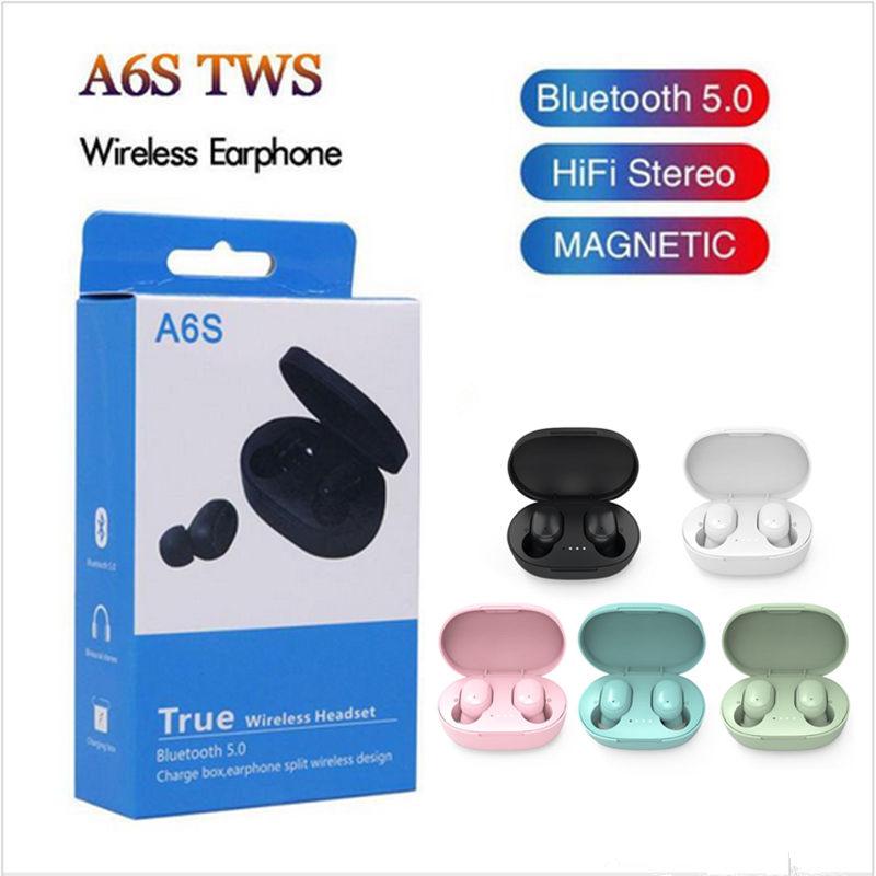 A6S Bluetooth Earphone TWS Headphone in black, showcasing its sleek design and charging case.