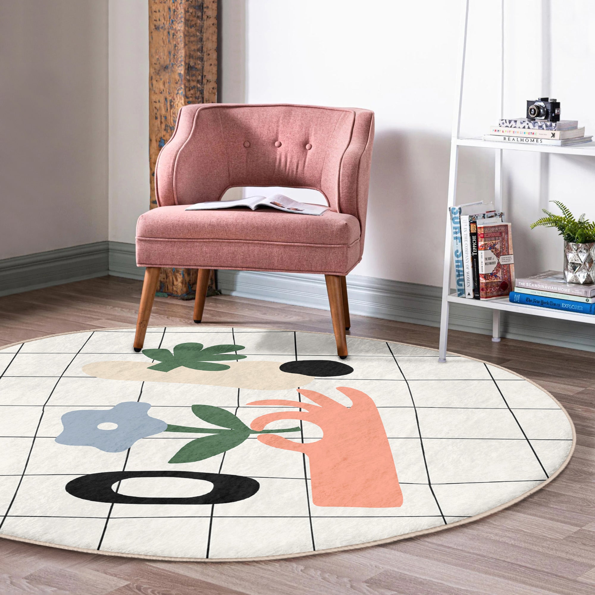 A beautifully designed abstract area rug in round shape, showcasing vibrant colors and soft velvet texture, perfect for home decor.