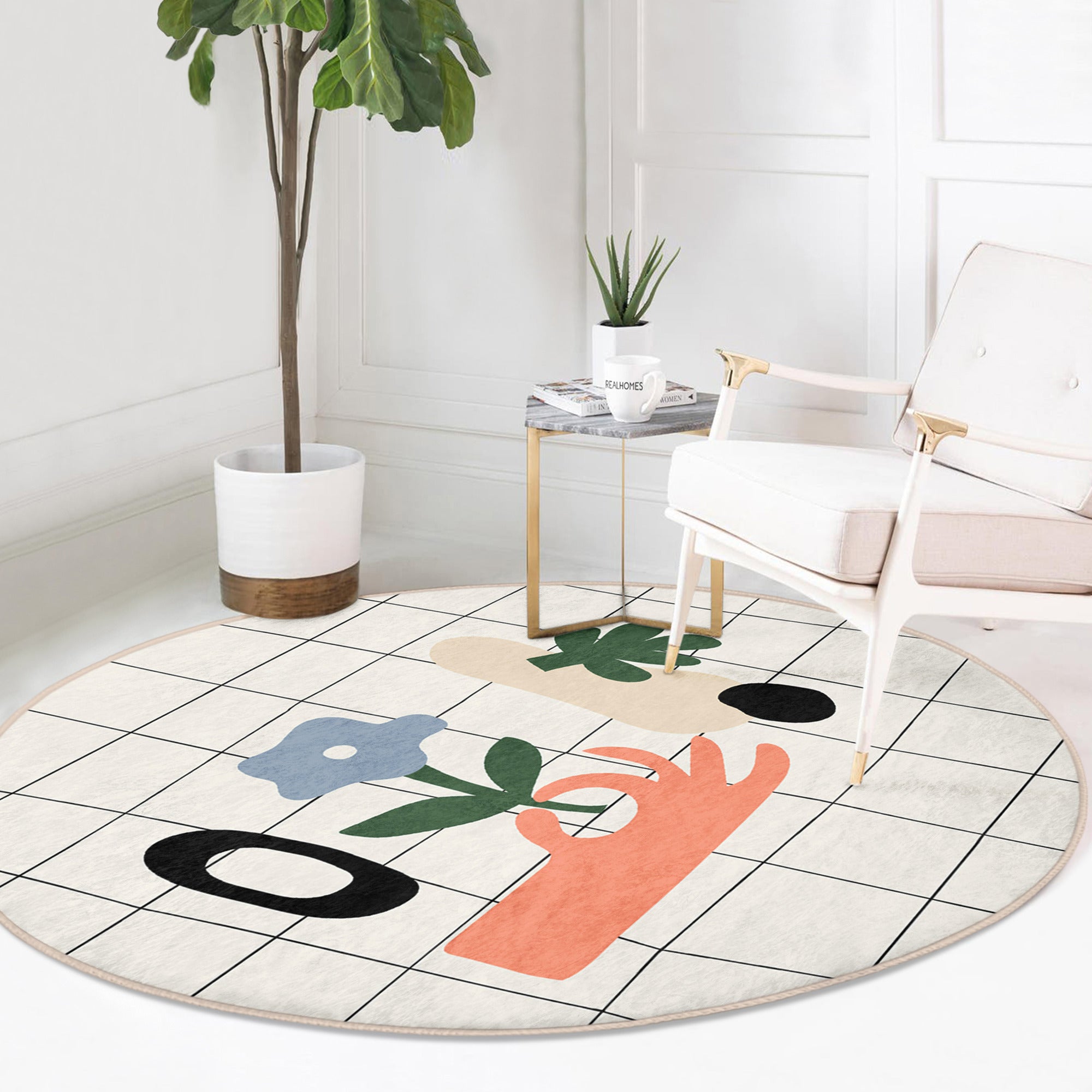 A beautifully designed abstract area rug in round shape, showcasing vibrant colors and soft velvet texture, perfect for home decor.