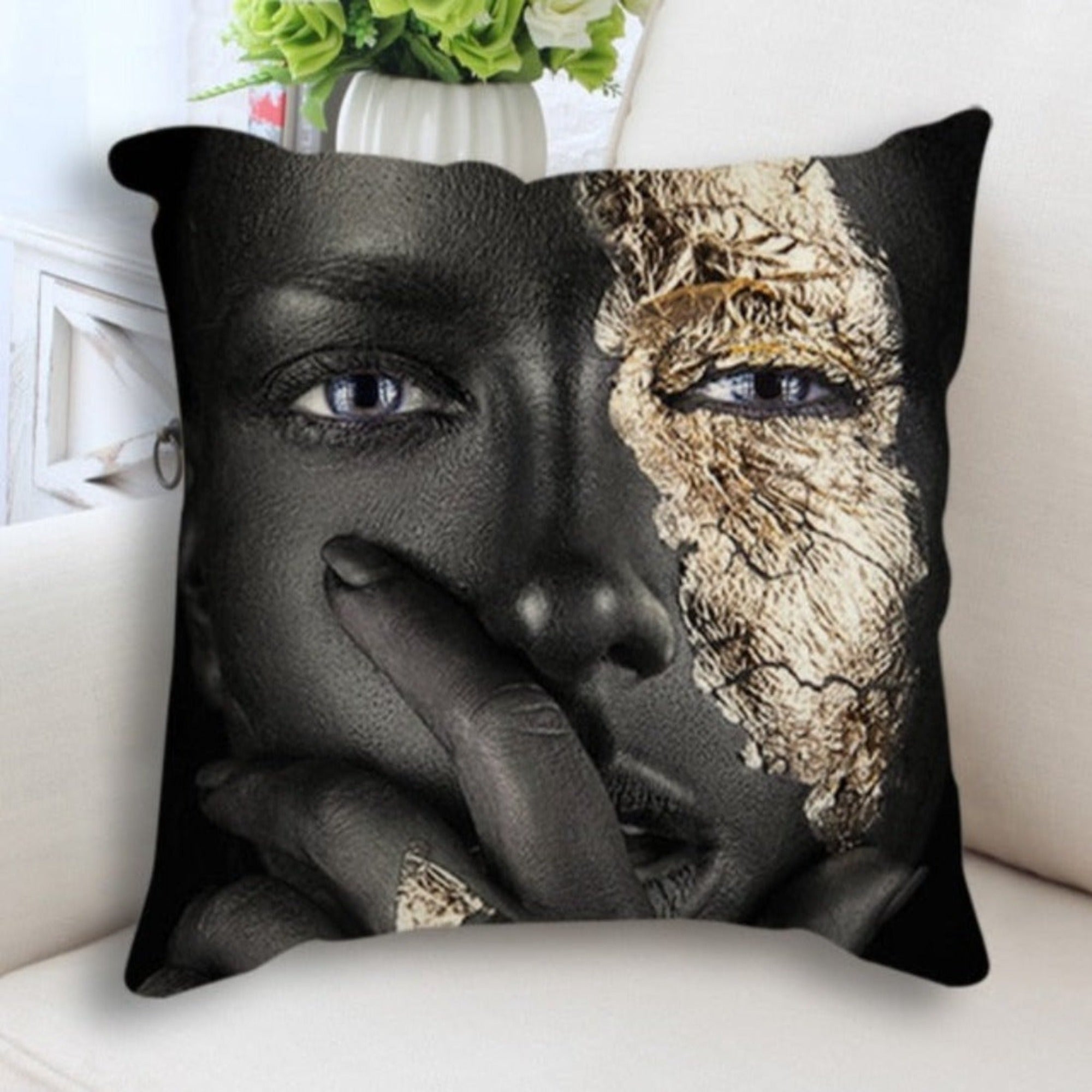 Abstract Black Gold Cushion Cover featuring a woman's face portrait print, made from linen and cotton, perfect for home decor.