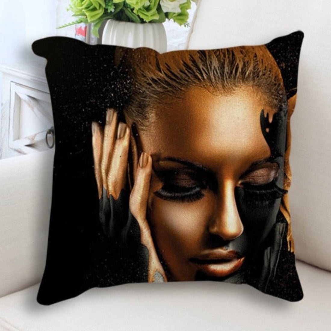 Abstract Black Gold Cushion Cover featuring a woman's face portrait print, made from linen and cotton, perfect for home decor.