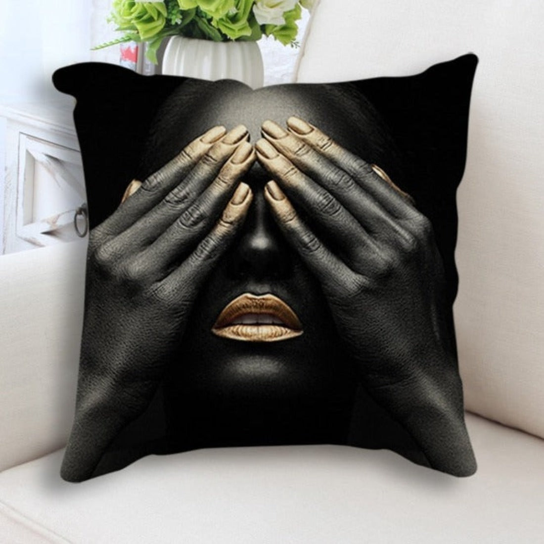 Abstract Black Gold Cushion Cover featuring a woman's face portrait print, made from linen and cotton, perfect for home decor.