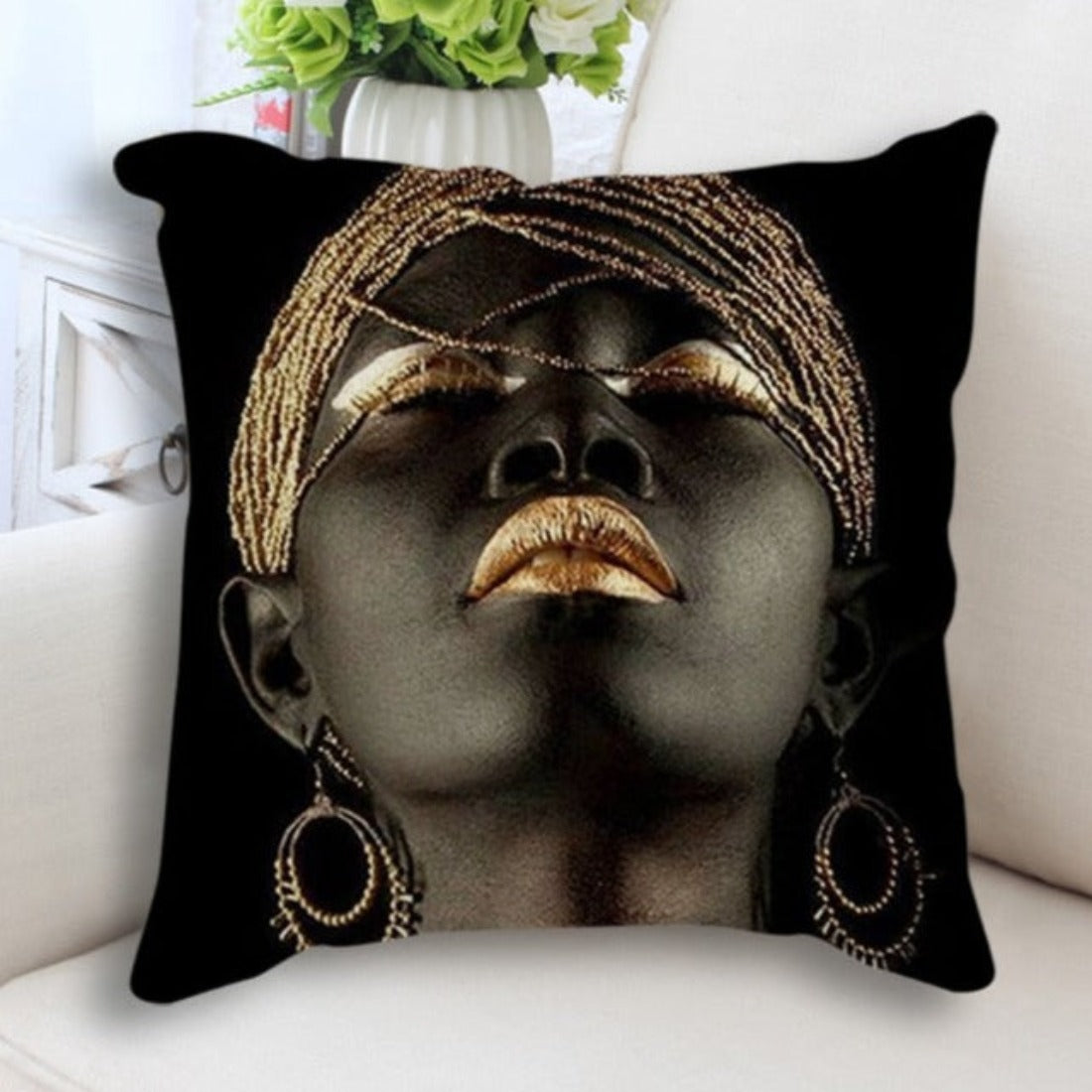 Abstract Black Gold Cushion Cover featuring a woman's face portrait print, made from linen and cotton, perfect for home decor.