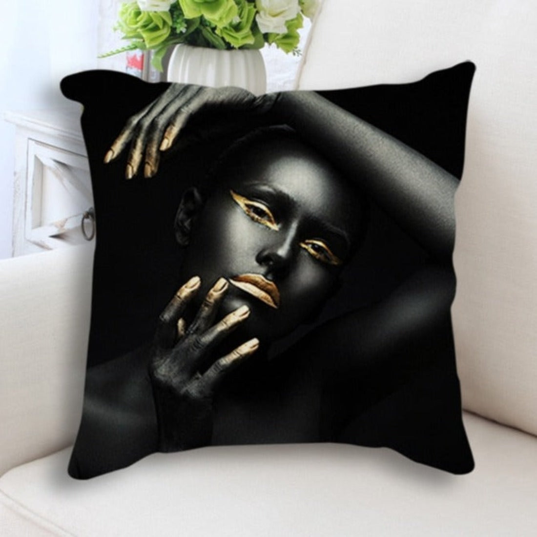 Abstract Black Gold Cushion Cover featuring a woman's face portrait print, made from linen and cotton, perfect for home decor.