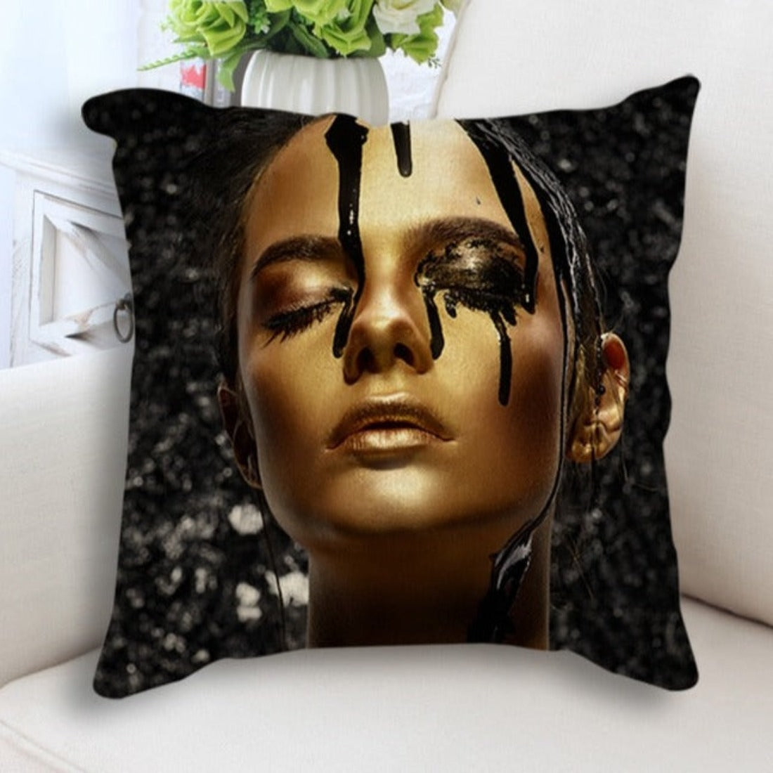 Abstract Black Gold Cushion Cover featuring a woman's face portrait print, made from linen and cotton, perfect for home decor.