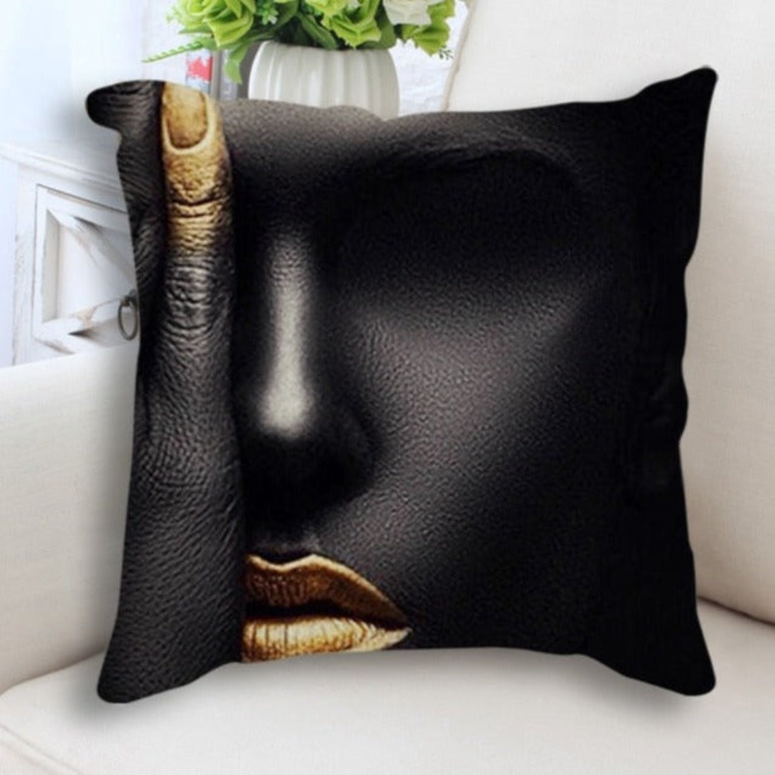 Abstract Black Gold Cushion Cover featuring a woman's face portrait print, made from linen and cotton, perfect for home decor.