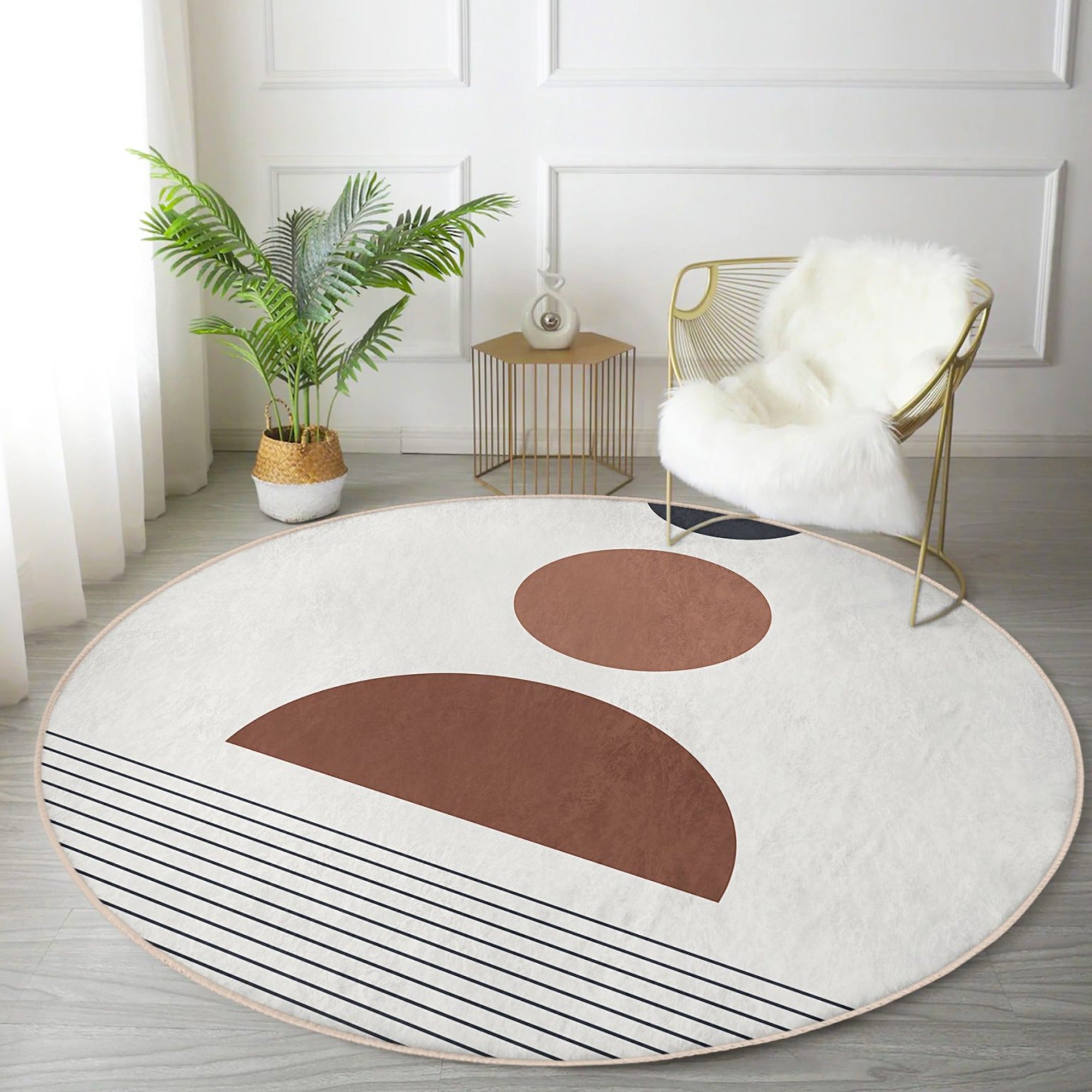 Abstract Decorative Round Rug in vibrant colors, showcasing a non-slip design and soft velvet fabric, perfect for living rooms.