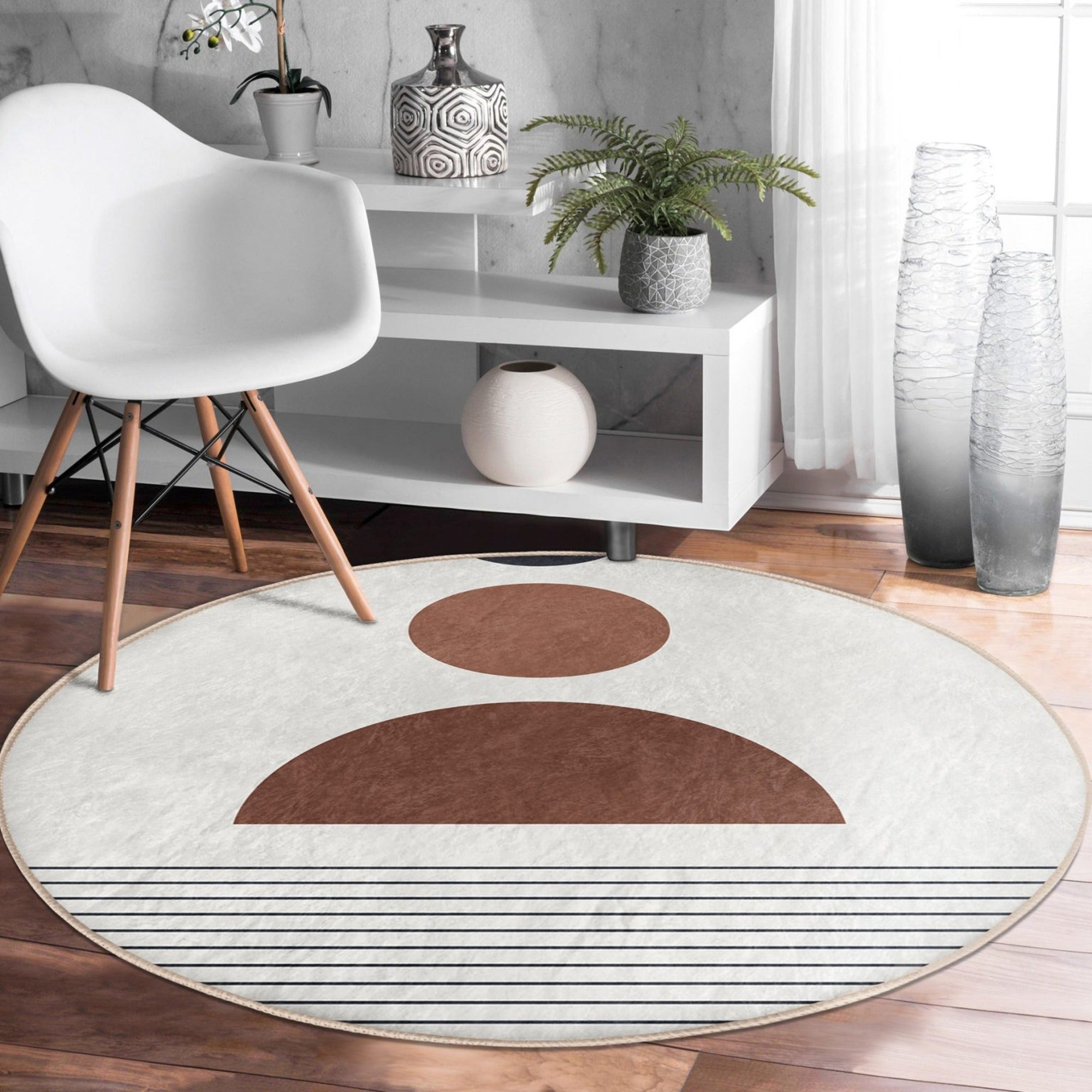 Abstract Decorative Round Rug in vibrant colors, showcasing a non-slip design and soft velvet fabric, perfect for living rooms.