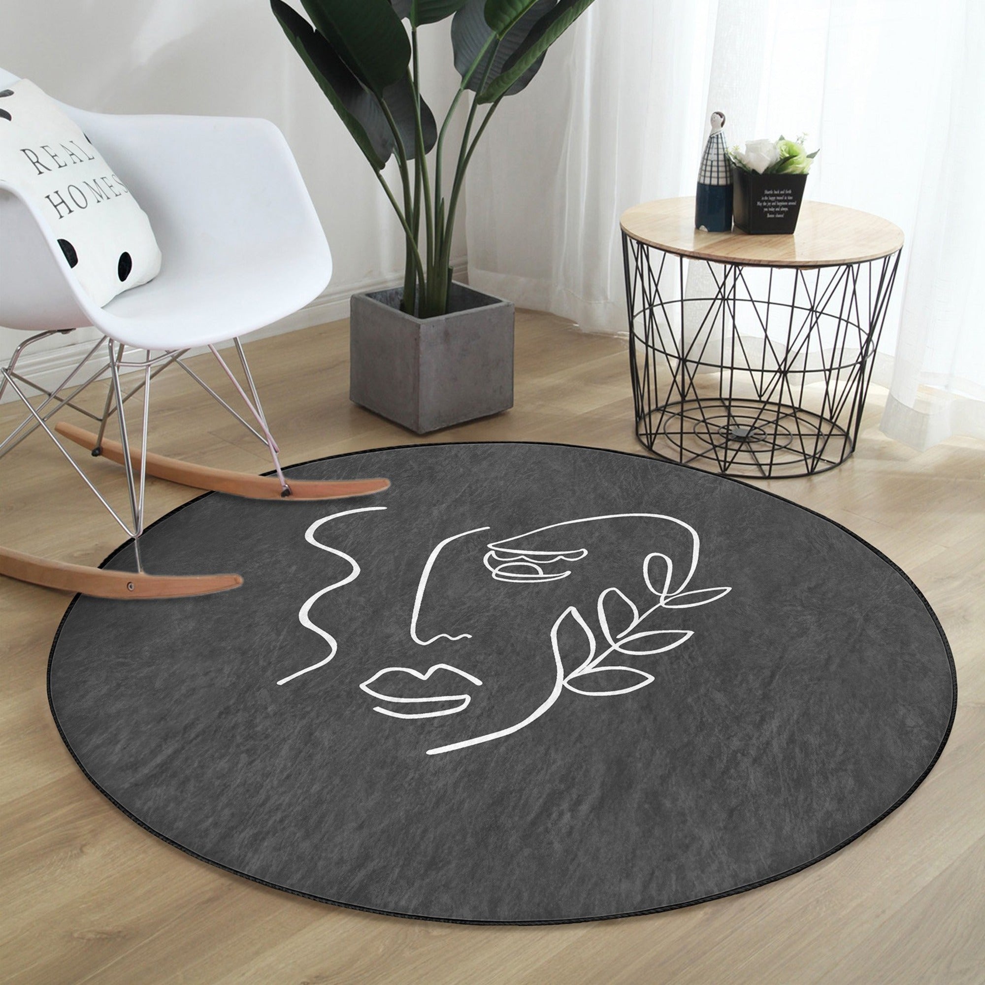 Abstract Face Patterned Round Rug in vibrant colors, showcasing a unique design and soft velvet texture, ideal for modern home decor.