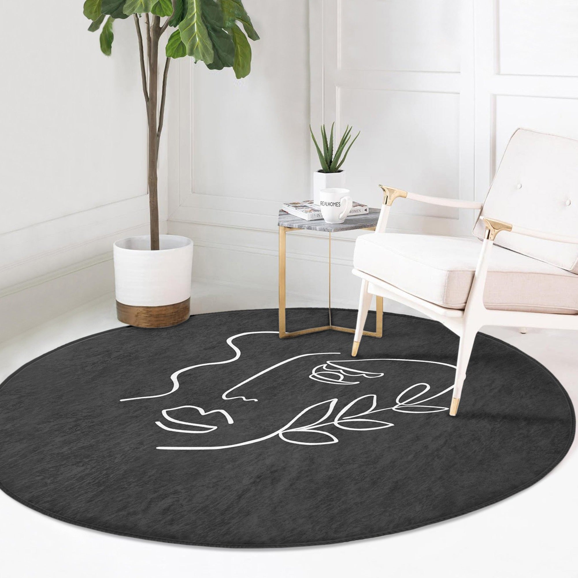 Abstract Face Patterned Round Rug in vibrant colors, showcasing a unique design and soft velvet texture, ideal for modern home decor.