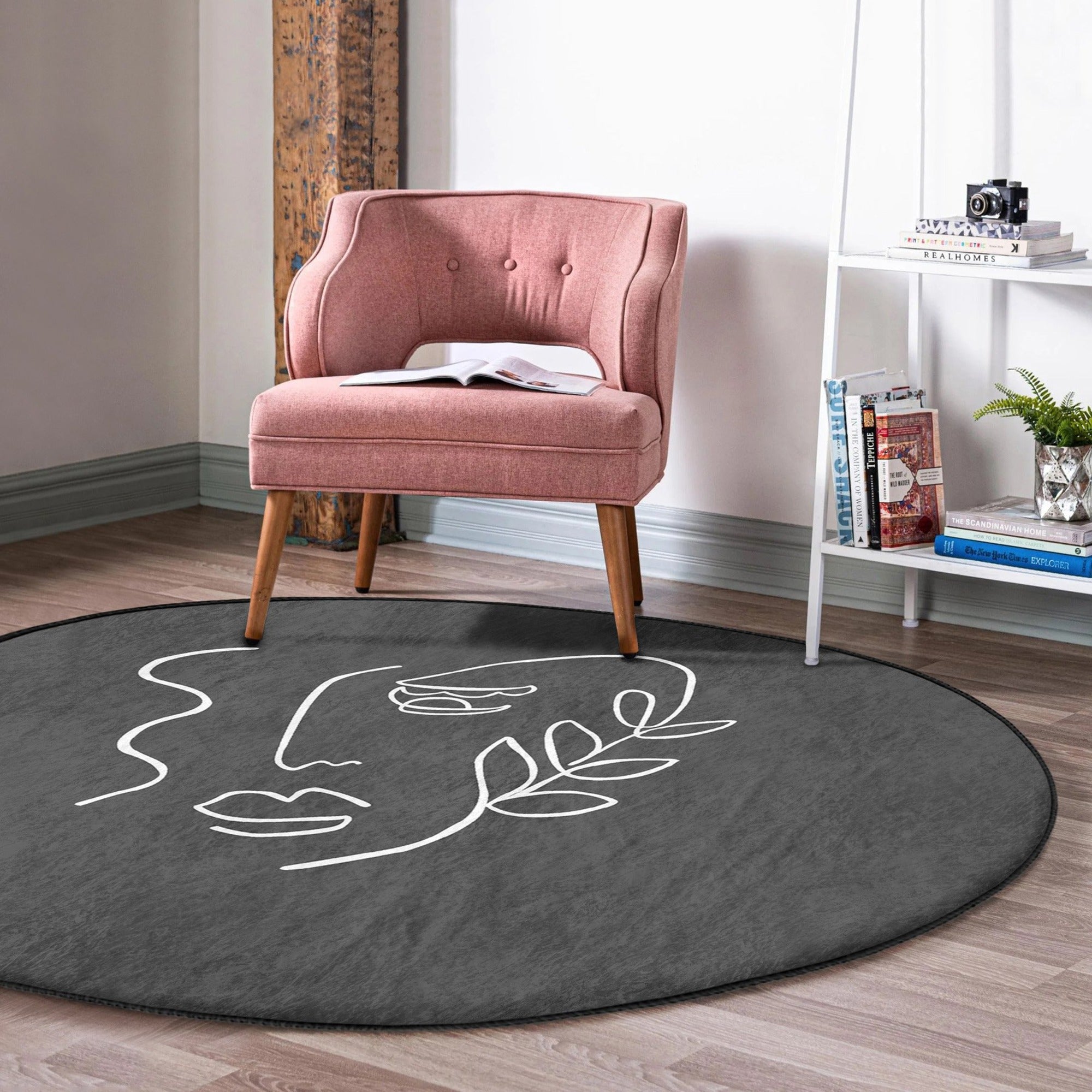 Abstract Face Patterned Round Rug in vibrant colors, showcasing a unique design and soft velvet texture, ideal for modern home decor.