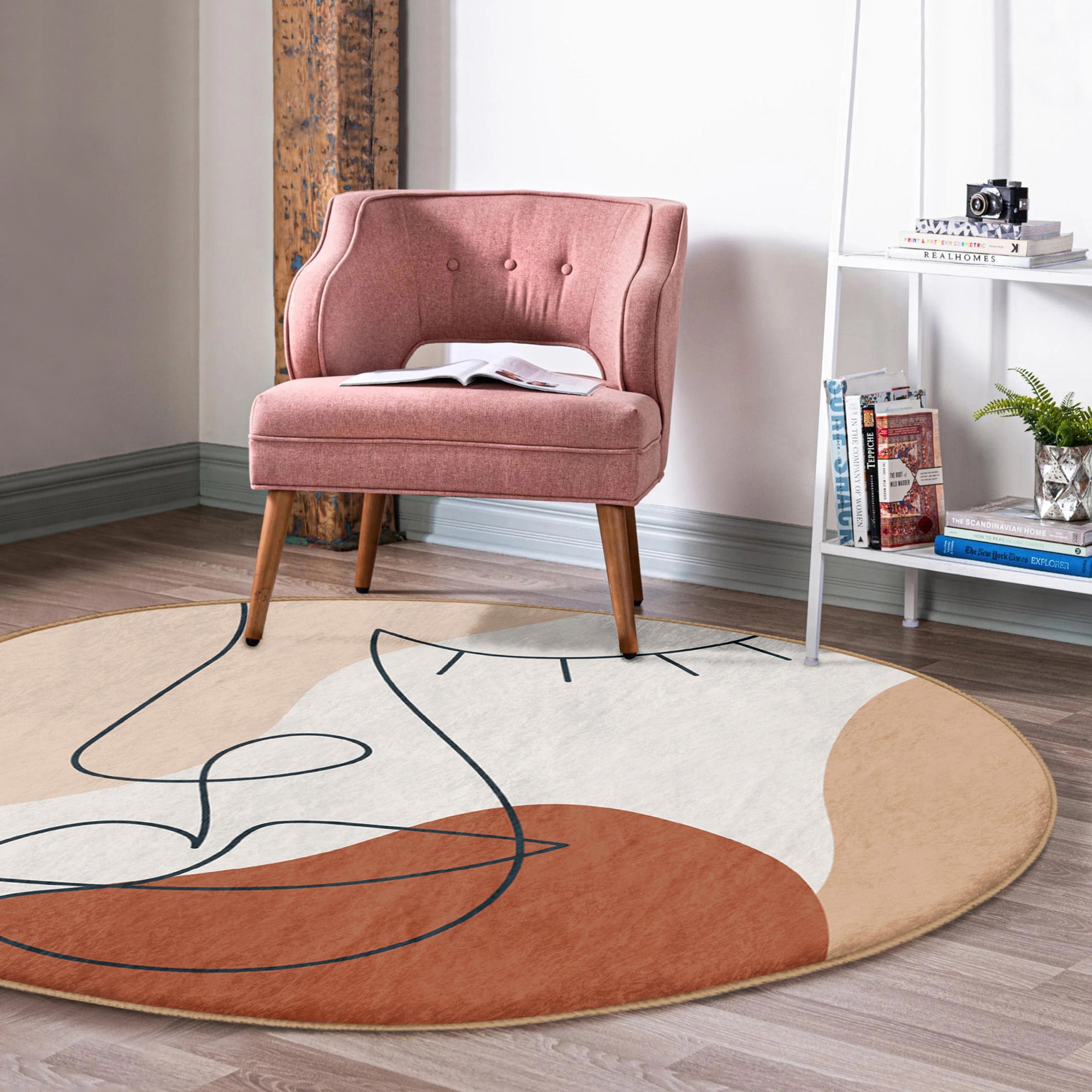 Abstract Face Patterned Round Rug in vibrant colors, showcasing a unique design and soft velvet texture, perfect for modern interiors.