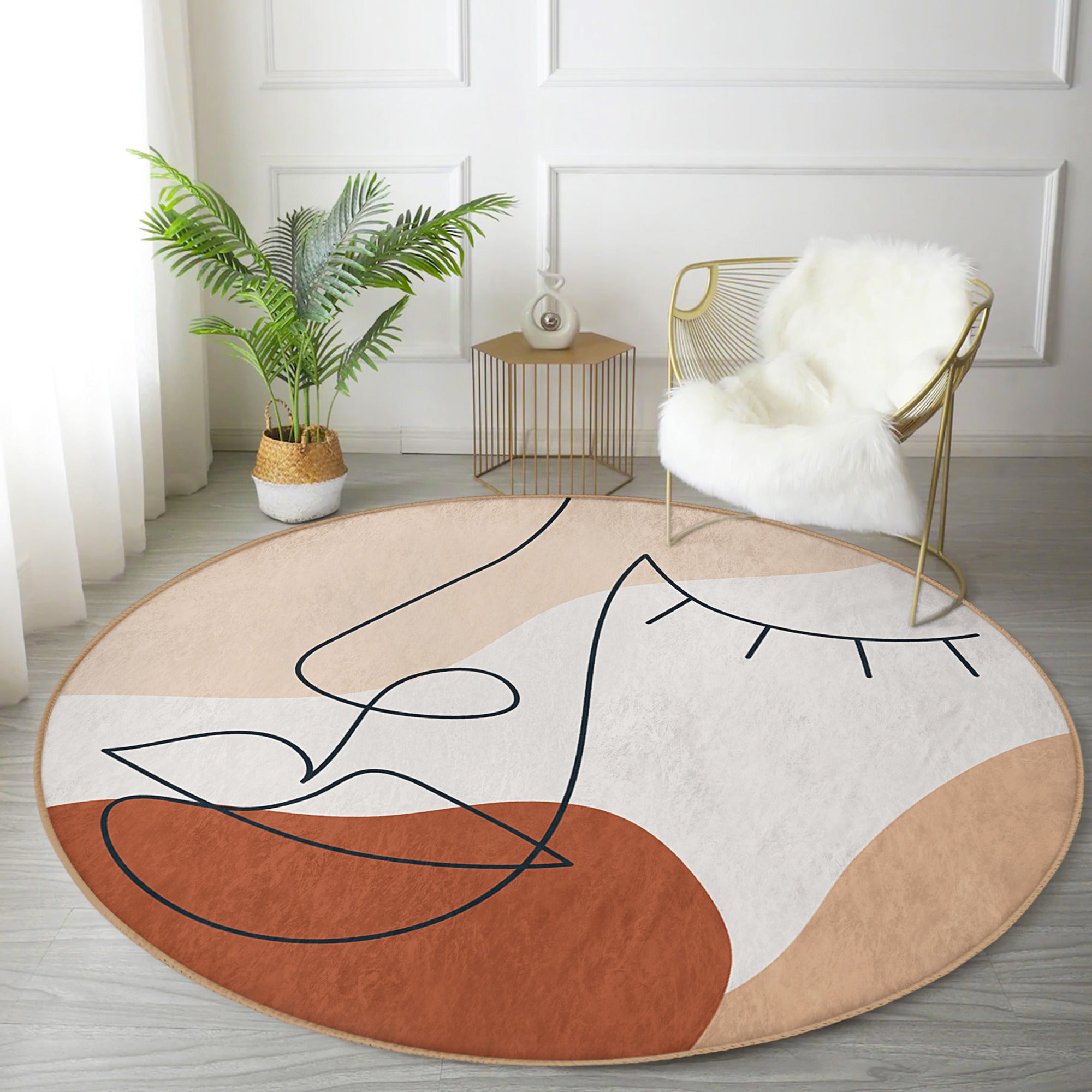 Abstract Face Patterned Round Rug in vibrant colors, showcasing a unique design and soft velvet texture, perfect for modern interiors.