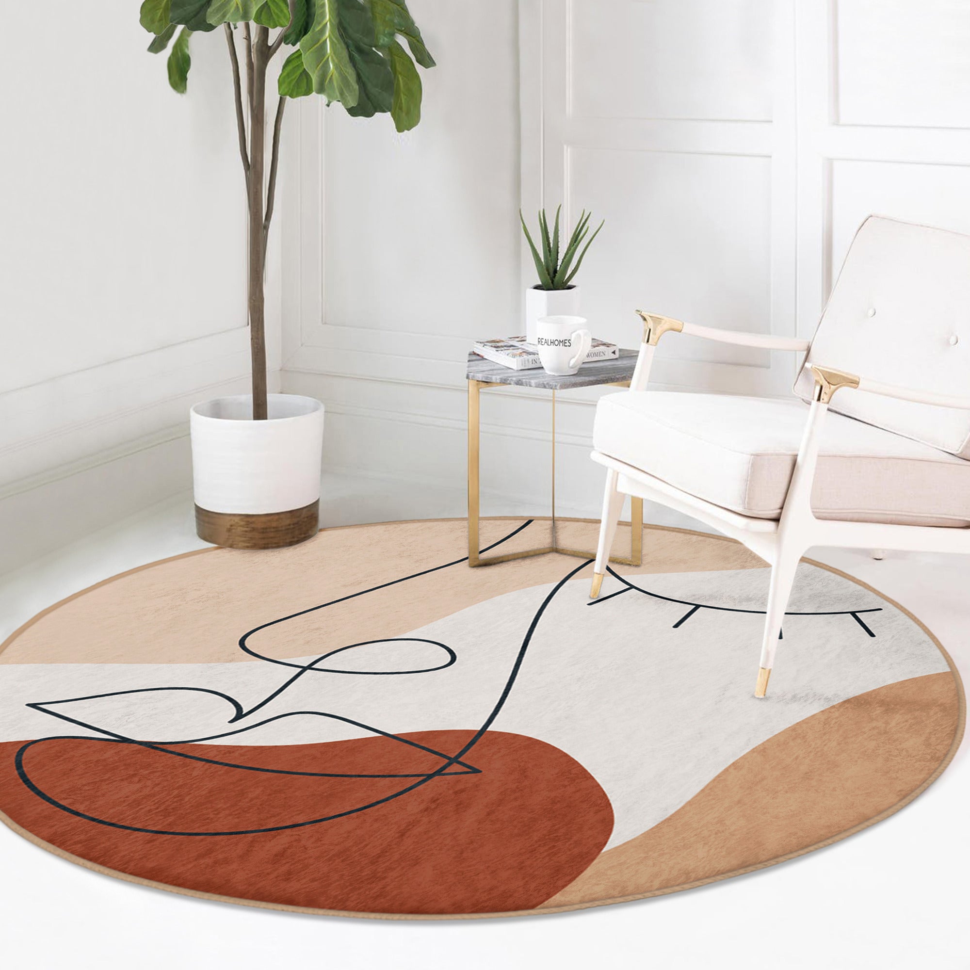 Abstract Face Patterned Round Rug in vibrant colors, showcasing a unique design and soft velvet texture, perfect for modern interiors.