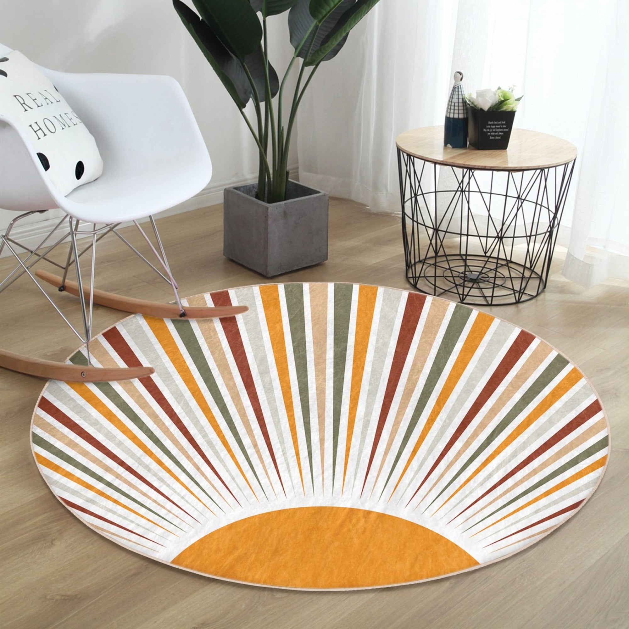 Abstract Homeezone Round Rug featuring a geometric design in vibrant colors, made of soft velvet fabric with a non-slip backing.