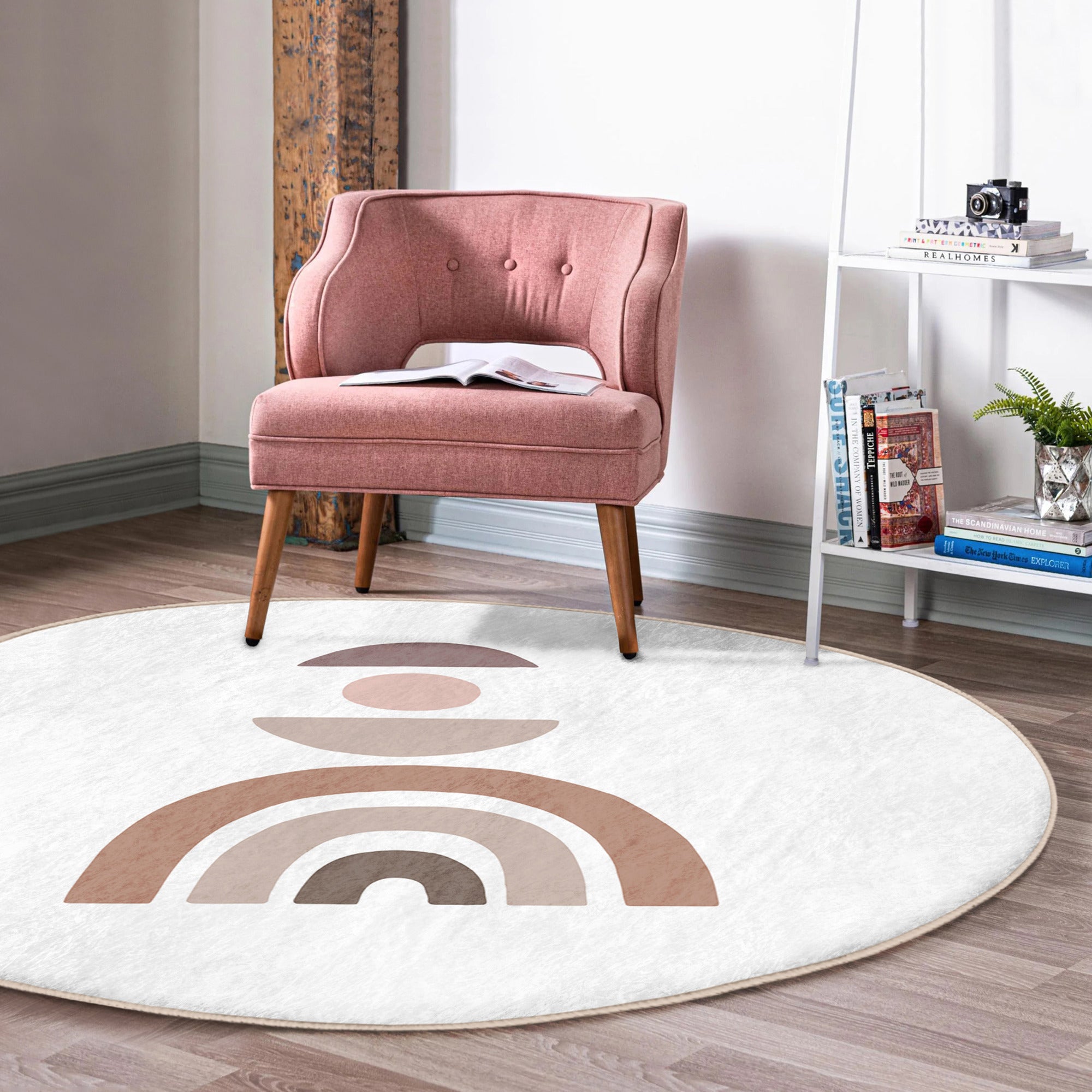 Abstract Minimalist Round Rug featuring a vibrant rainbow design, made of soft velvet fabric, ideal for home decoration.