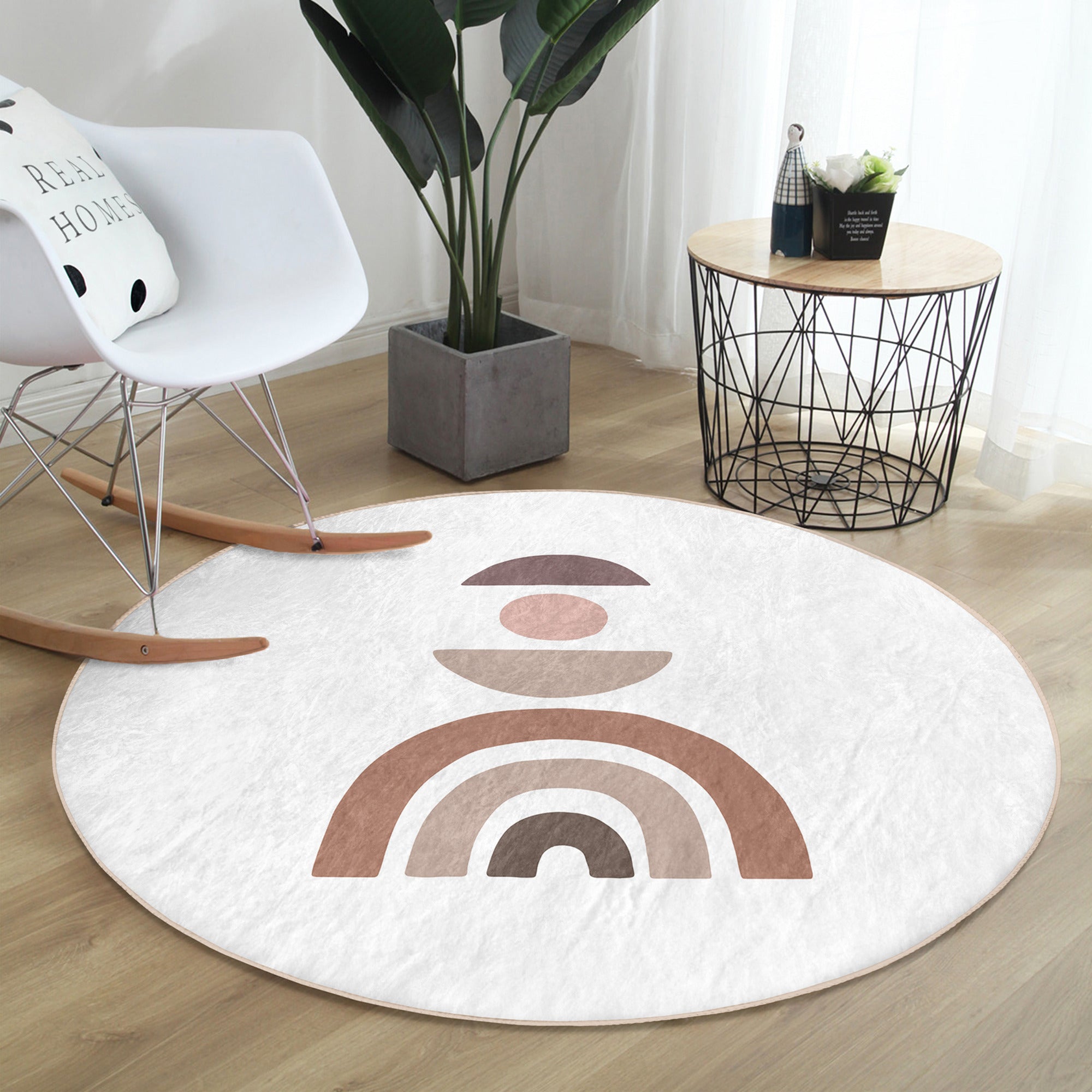 Abstract Minimalist Round Rug featuring a vibrant rainbow design, made of soft velvet fabric, ideal for home decoration.