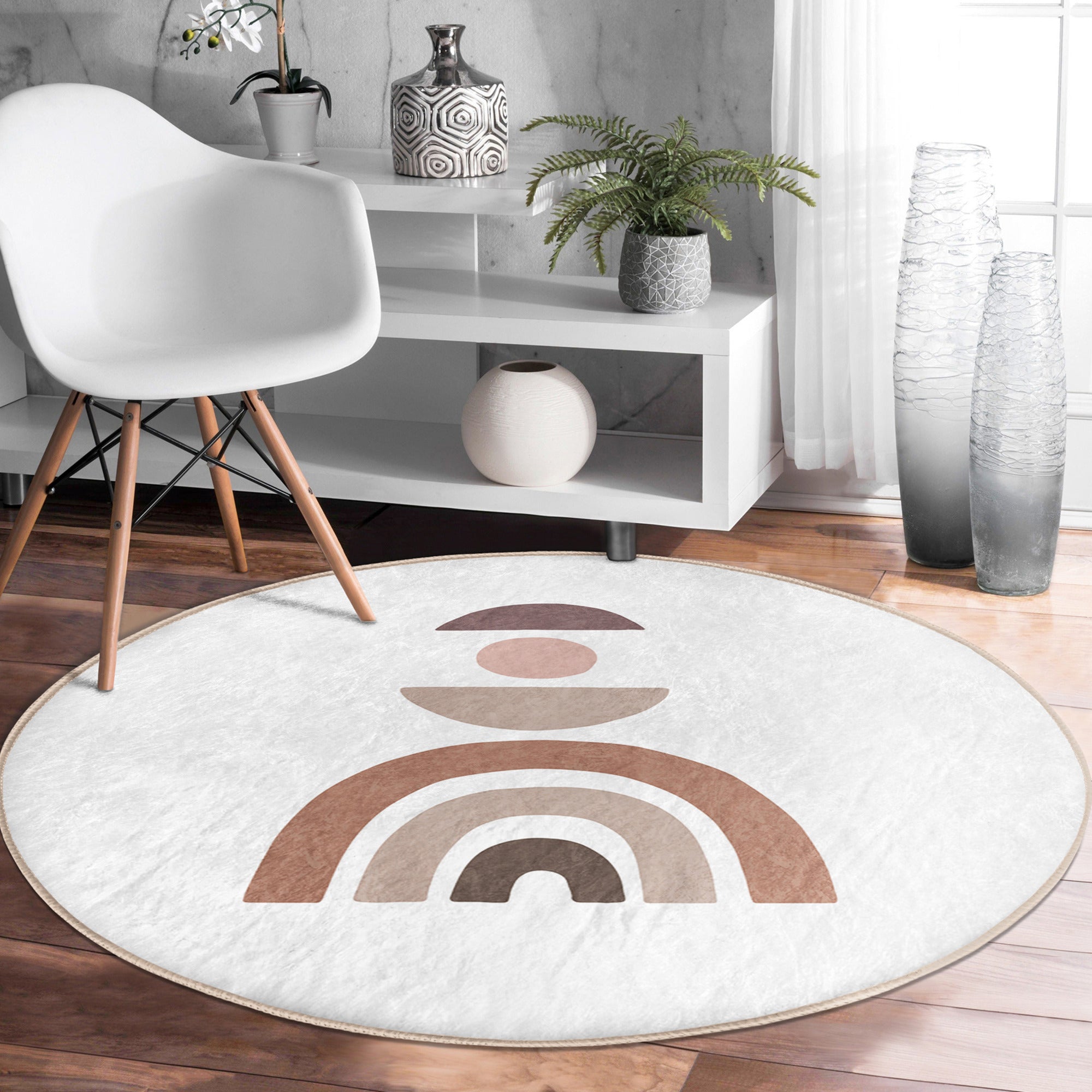 Abstract Minimalist Round Rug featuring a vibrant rainbow design, made of soft velvet fabric, ideal for home decoration.