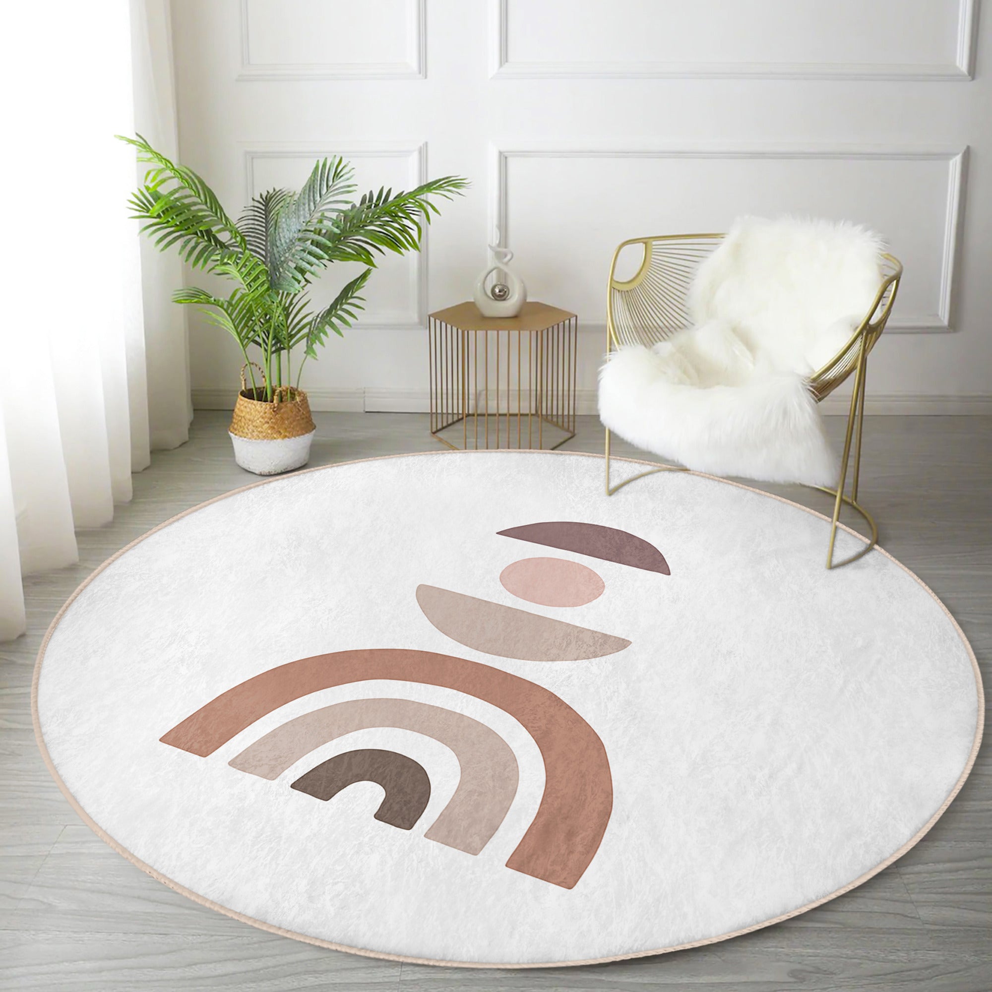 Abstract Minimalist Round Rug featuring a vibrant rainbow design, made of soft velvet fabric, ideal for home decoration.