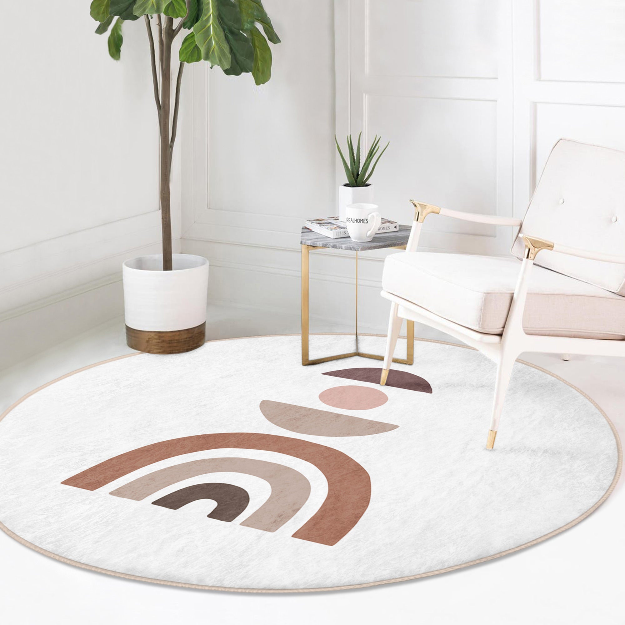 Abstract Minimalist Round Rug featuring a vibrant rainbow design, made of soft velvet fabric, ideal for home decoration.