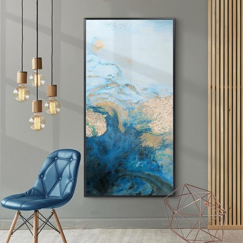 Large abstract oil painting on canvas featuring vibrant blue tones, suitable for modern Nordic decor.