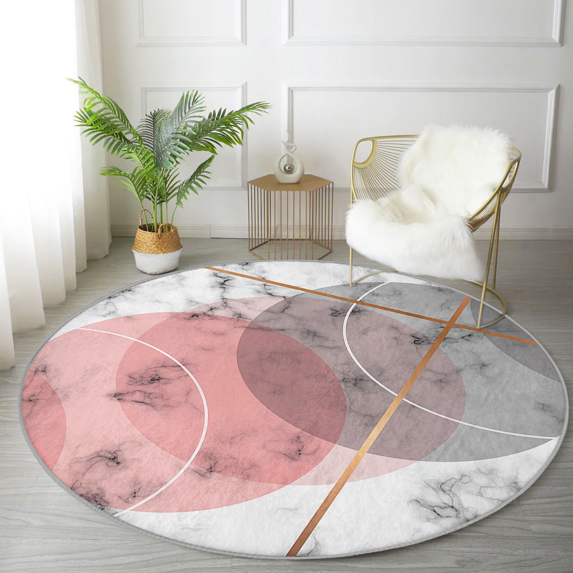 A stylish abstract pink circle rug designed for living rooms, showcasing a modern pattern and soft velvet texture.