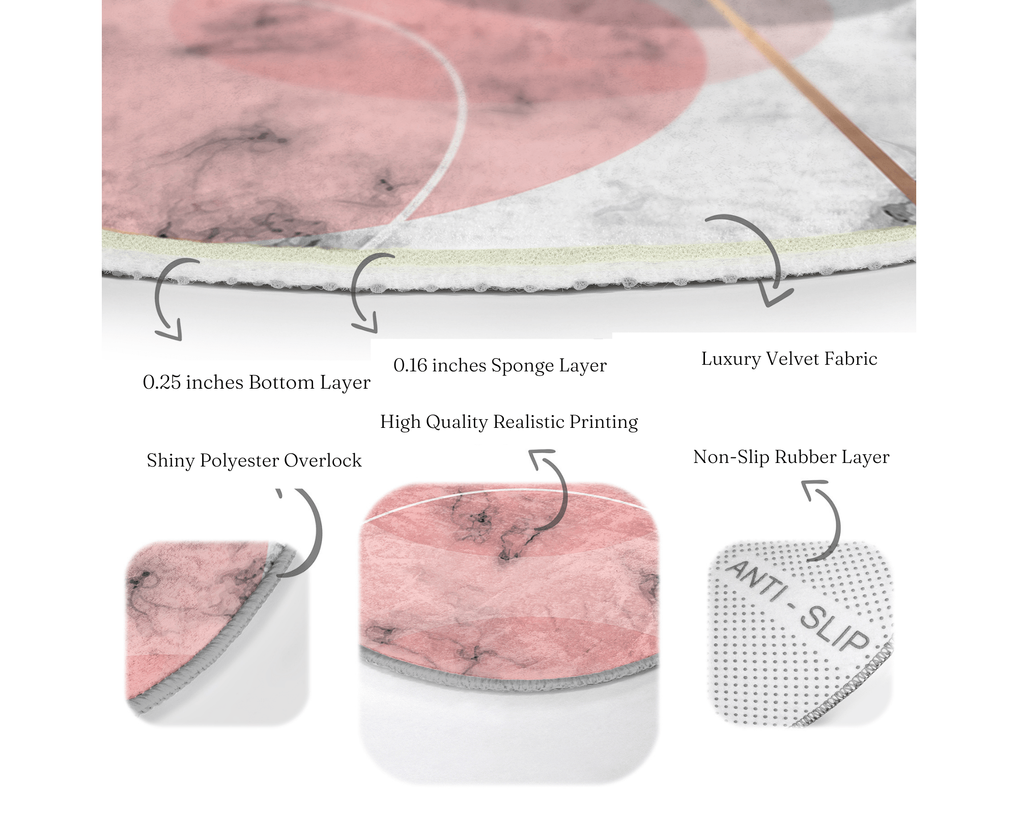 A stylish abstract pink circle rug designed for living rooms, showcasing a modern pattern and soft velvet texture.