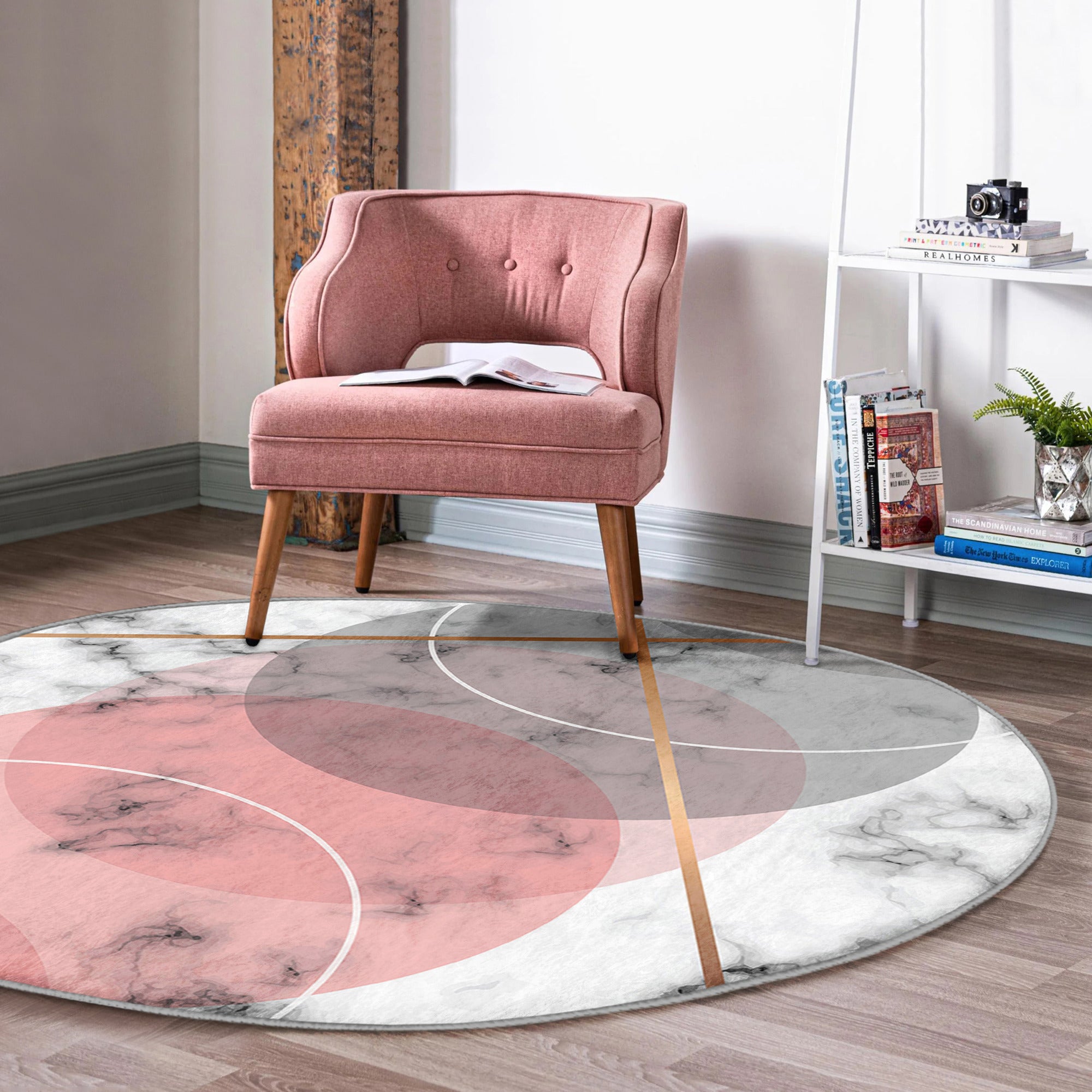 A stylish abstract pink circle rug designed for living rooms, showcasing a modern pattern and soft velvet texture.