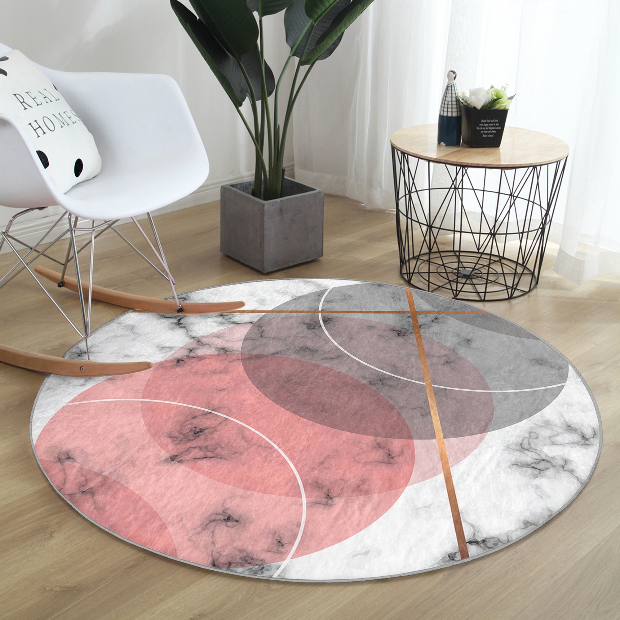 A stylish abstract pink circle rug designed for living rooms, showcasing a modern pattern and soft velvet texture.