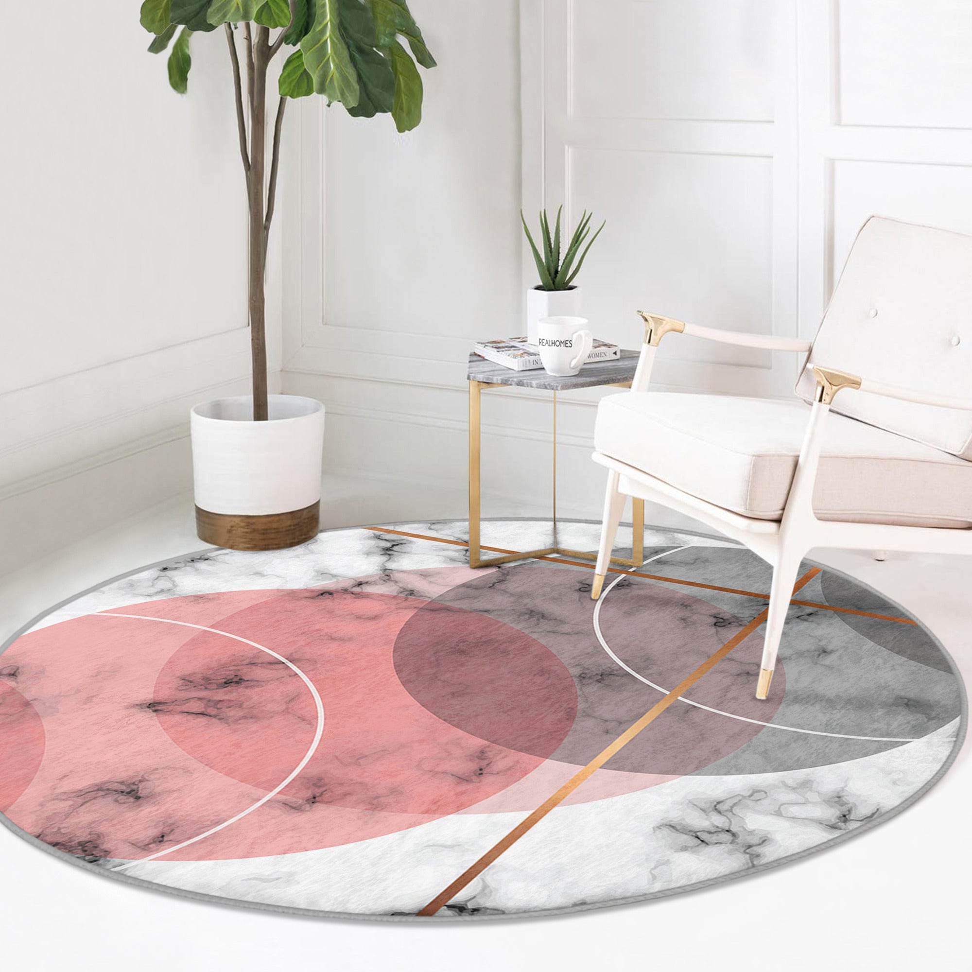 A stylish abstract pink circle rug designed for living rooms, showcasing a modern pattern and soft velvet texture.