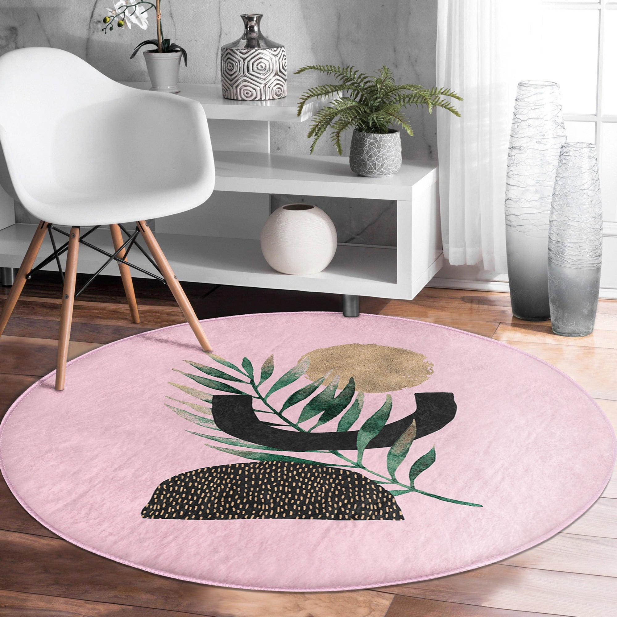 Abstract Pink Round Rug featuring a minimalist design, made of soft velvet fabric, perfect for modern home decor.