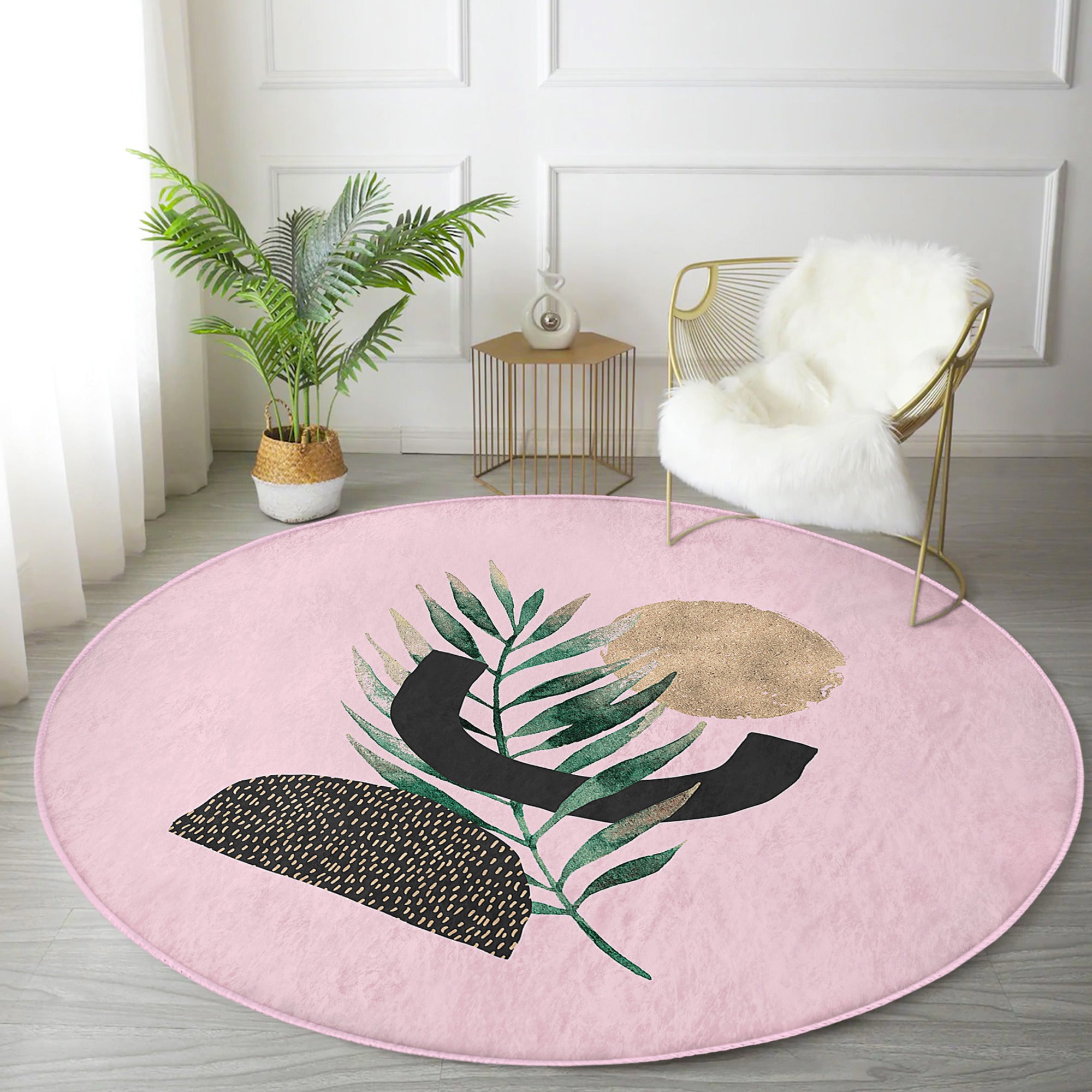 Abstract Pink Round Rug featuring a minimalist design, made of soft velvet fabric, perfect for modern home decor.