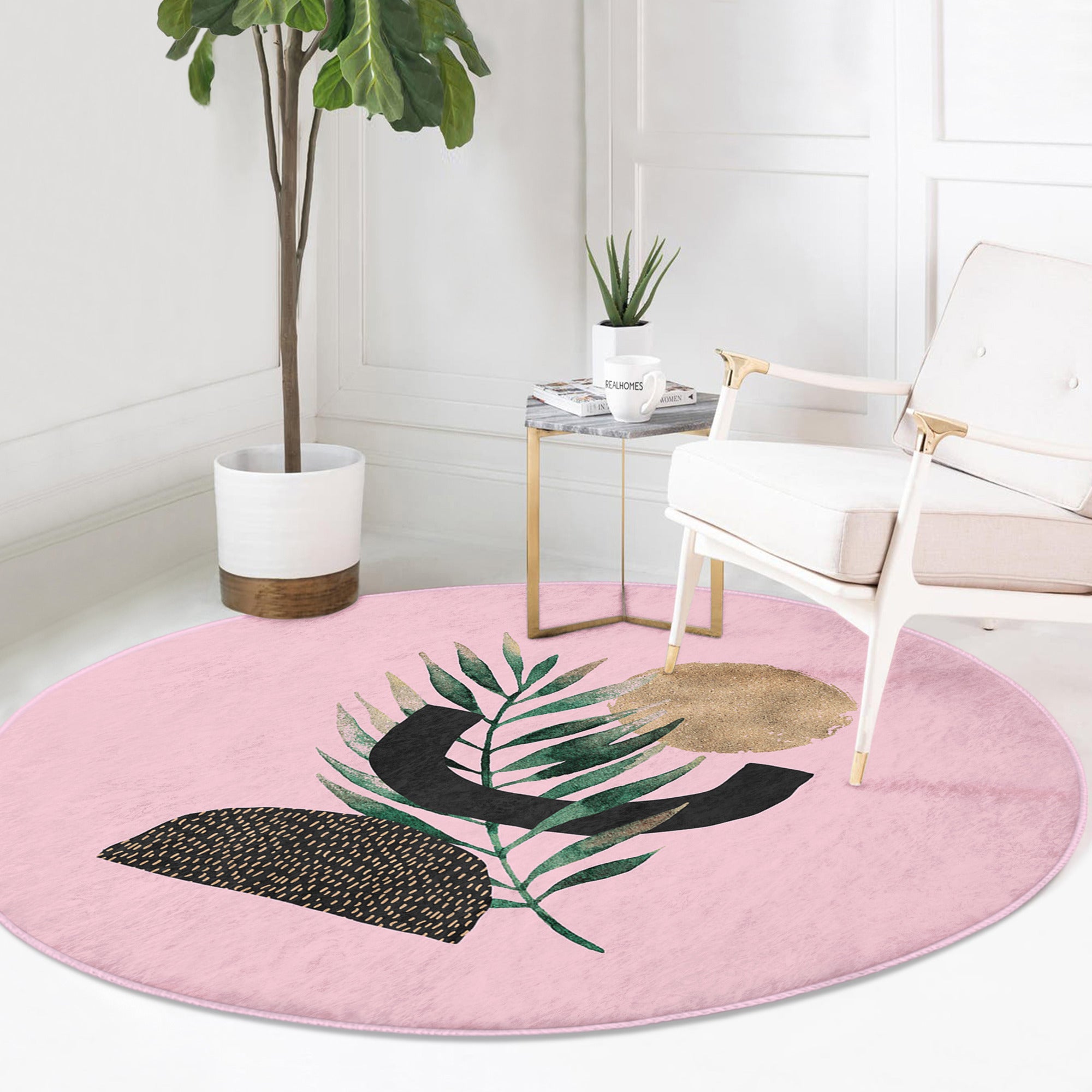 Abstract Pink Round Rug featuring a minimalist design, made of soft velvet fabric, perfect for modern home decor.