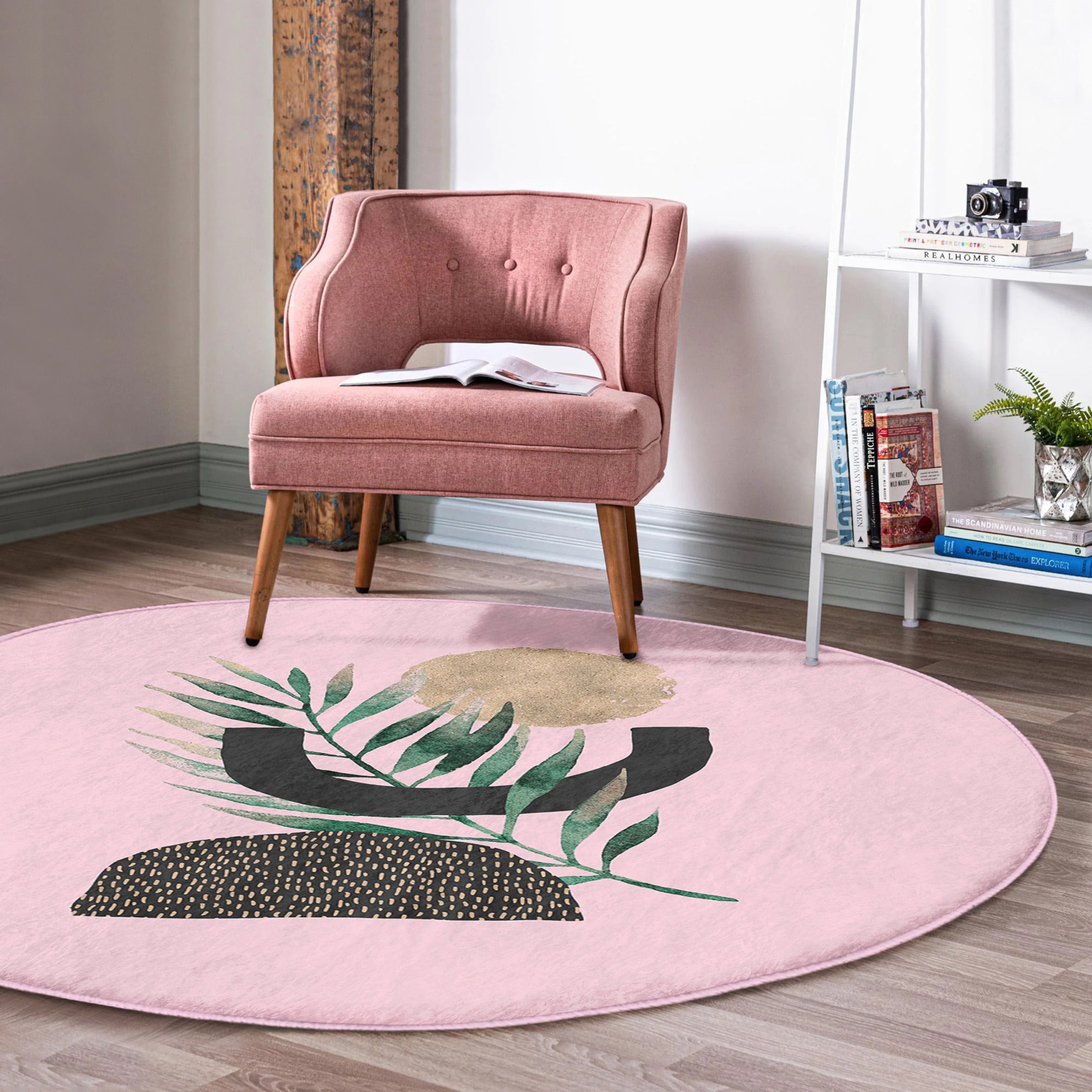 Abstract Pink Round Rug featuring a minimalist design, made of soft velvet fabric, perfect for modern home decor.